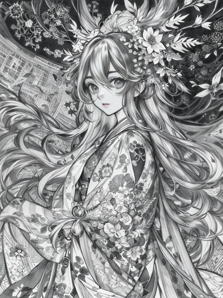 a drawing of a woman with long hair and a flower in her hair, intricate manga drawing, beautiful line art, extremely fine ink lineart, detailed manga style, hyper detailed manga drawing, ink manga drawing, detailed portrait of anime girl, black and white manga style, high detailed official artwork, hyper detailed line art, detailed anime art, cell shaded anime intricate