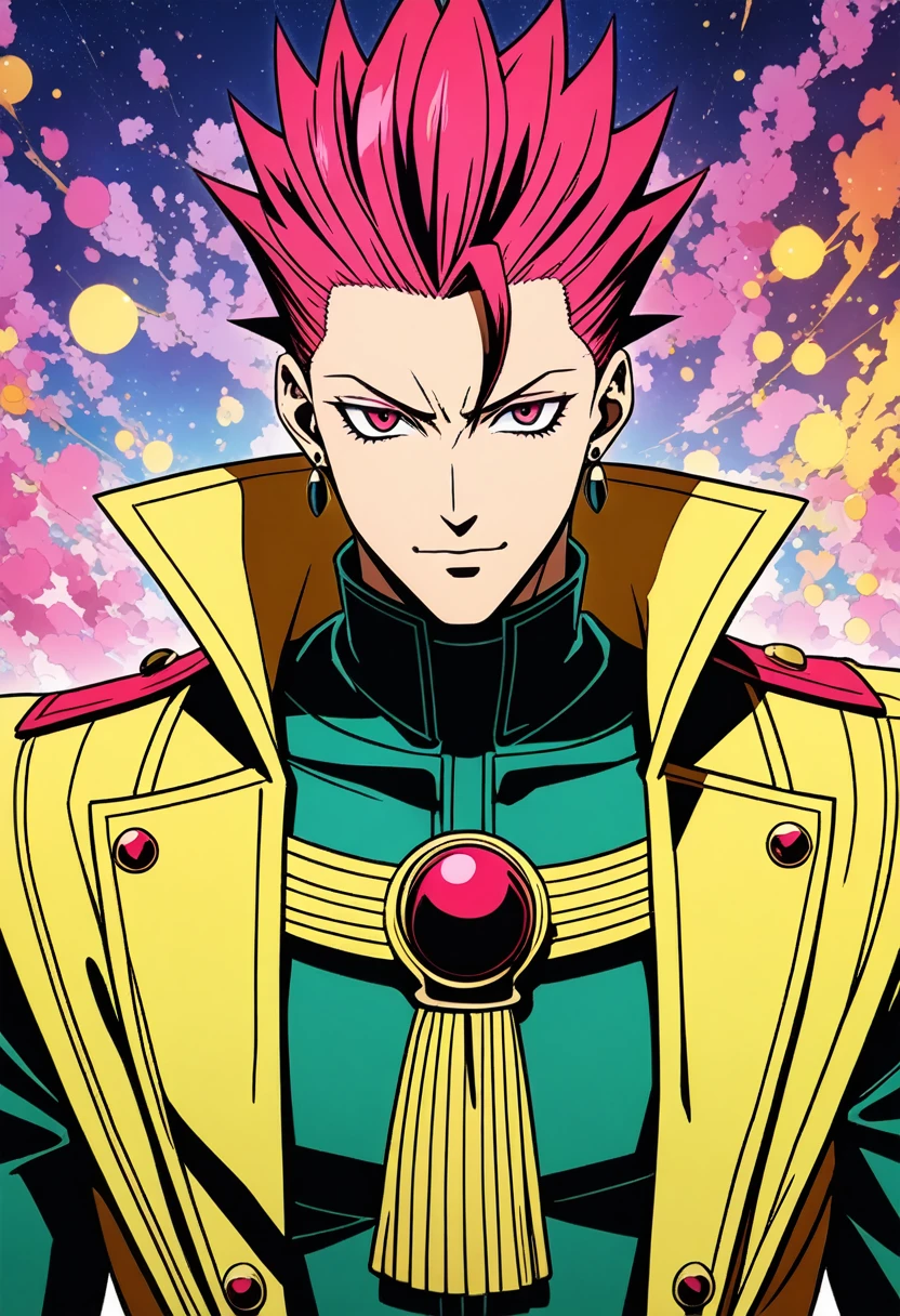 1boy, Hisoka, Hunter x Hunter, A unique and memorable villain with a penchant for chaos and a twisted sense of enjoyment, (masterpiece), (best quality), (ultra-detailed), very aesthetic, illustration, disheveled hair, perfect composition, moist skin, intricate details, anime artwork, anime style, key visual, vibrant, studio anime, highly detailed, Anime line art, lineart, line art, flat colors, flat color