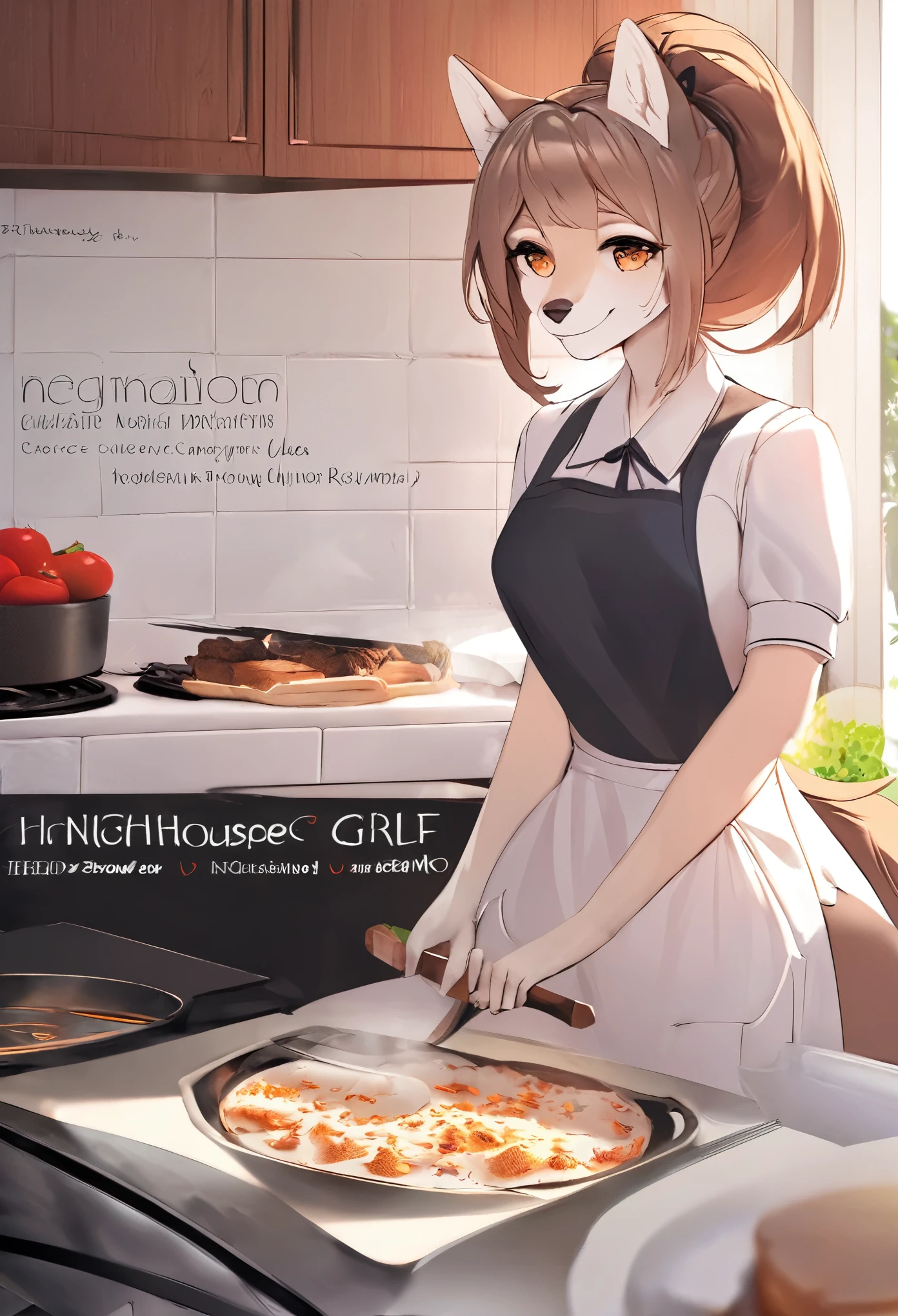 cover page, Cuisine Information Journal, highres, top quality, best quality, paid reward available, High-quality illustrations, unparalleled masterpiece, perfect artwork, absurdres(lovers, housekeeper girl, cooking, wolf husband)Newlyweds, kitchen, smile:0.2, perfect anatomy, cinematic lighting,