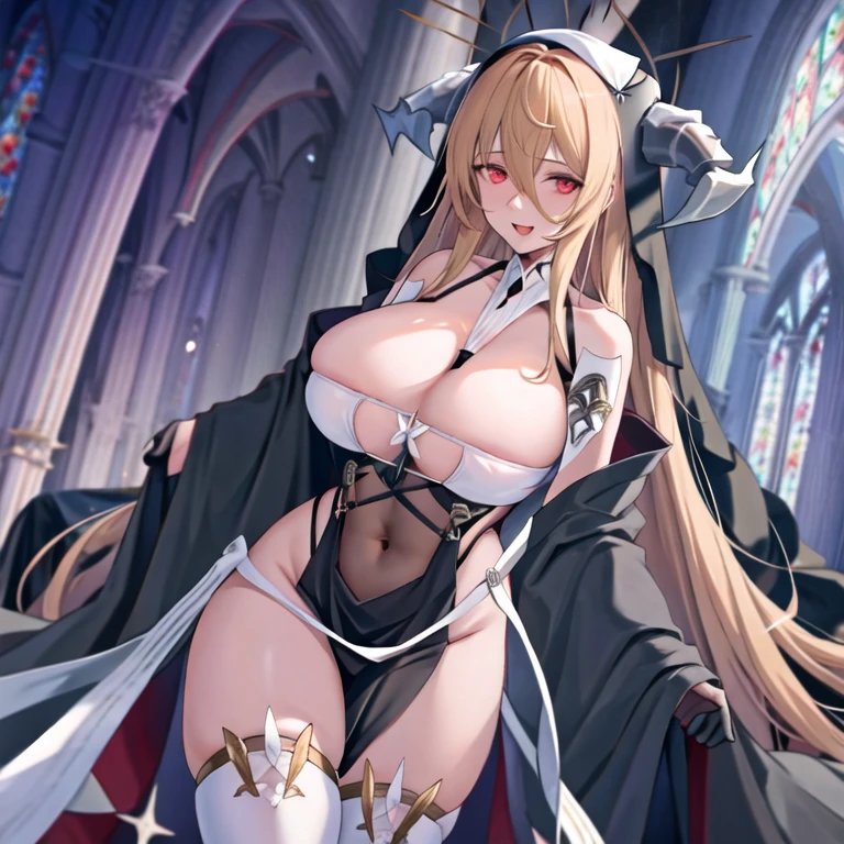 1girl, bangs, bare shoulders, between breasts, black dress, black gloves, blonde hair, breast curtains, cleavage, open mouth, covered navel, habit, hair between eyes, halo, horns, huge breasts, implacable \(azur lane\), long sleeves, looking at viewer, nun, pelvic curtain, red eyes, smile, solo, very long hair, white thighhighs, in church