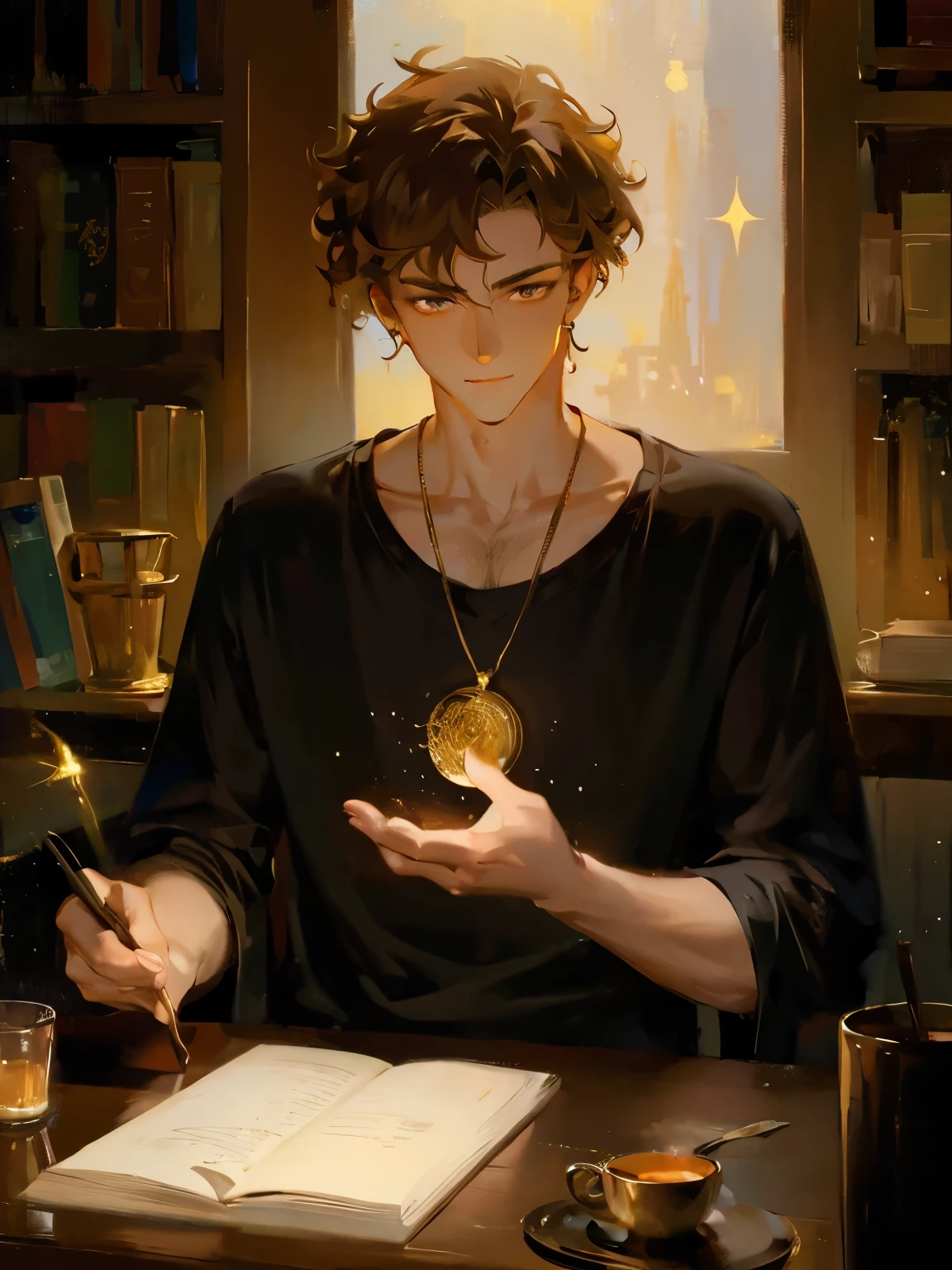 (masterpiece, best quality, high quality, highres:1.2), modern upper body, shoulders, ((male)), adult man, 27yo, ((tan skin)), short messy hair, messy hair, (curly hair), gold eyes, glowing eyes, hair over forehead, necklace, t-shirt, portrait, lost gaze, library background, (dark background), front, dark clothes, dramatic lighting, face in shadow, warm tones, dark academia, loose shirt, earrings, interior background, magic particles, painterly illustration, Artstation, impressionism painting, realistic, 1boy, reading a book, looking at viewer, dark skin, mystical, magical, glow, glowing, dark magical lighting, moody, cinematic, sparkle, glittering, darkness, mature male, illustration style face, (broad jawline)