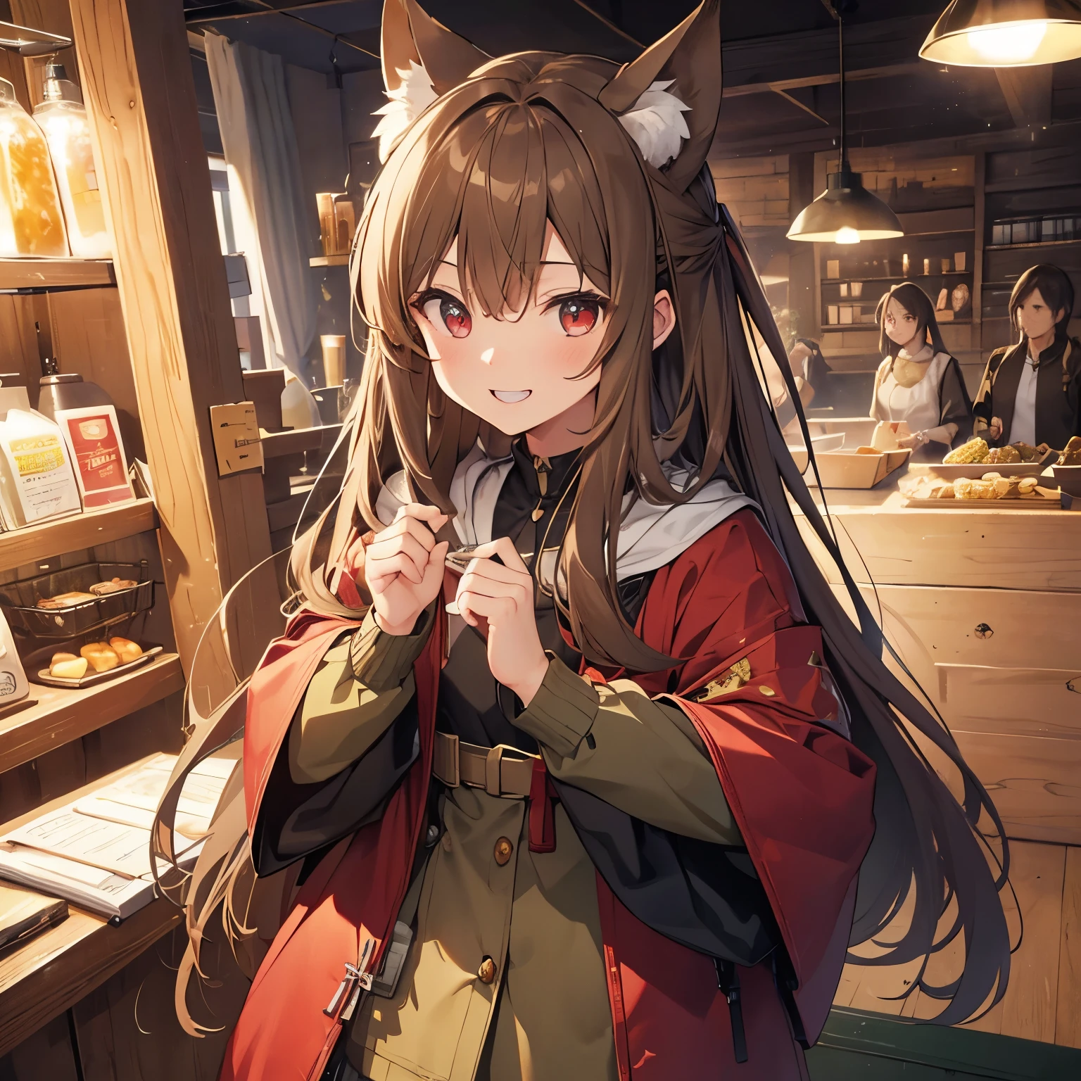 masterpiece、light brown hair、long hair、delicate eyes、red eyes、green clothes、Pouch from neck、animal ears、tooth、smile、Hands on cheeks