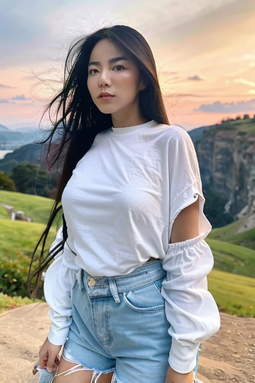 1girl, long hair, White shirt, jeans, (cliff meadow:1.2), from front, standing, (sunset, rimlight:1.2), shot on Canon EOS 5D, BREAK
(upper body:1.2), best quality, ultra high res, (photorealistic:1.4), masterpiece, real life skin, hyper real, perspective