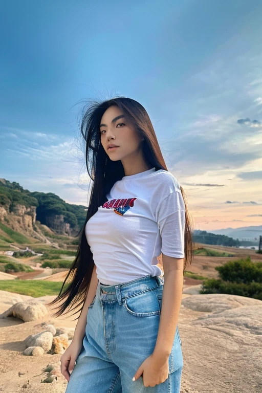 1girl, long hair, White shirt, jeans, (cliff meadow:1.2), from front, standing, (sunset, rimlight:1.2), shot on Canon EOS 5D, BREAK
(upper body:1.2), best quality, ultra high res, (photorealistic:1.4), masterpiece, real life skin, hyper real, perspective