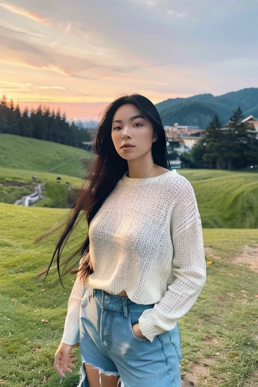 1girl, long hair, White shirt, jeans, (cliff meadow:1.2), from front, standing, (sunset, rimlight:1.2), shot on Canon EOS 5D, BREAK
(upper body:1.2), best quality, ultra high res, (photorealistic:1.4), masterpiece, real life skin, hyper real, perspective