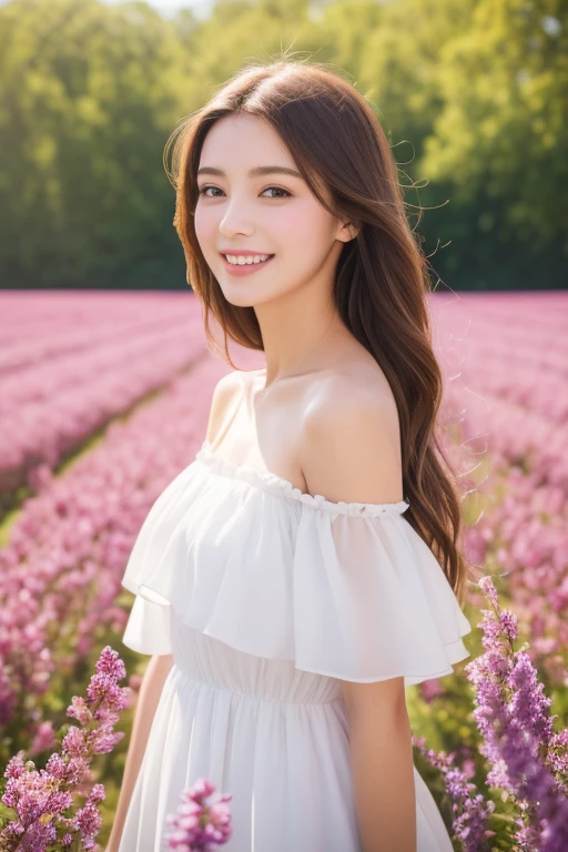 Best quality, masterpiece, ultra high res, (photorealistic:1.4), raw photo, 1girl, white dress, off shoulder, blossom violet flower field, glowing skin, light smile