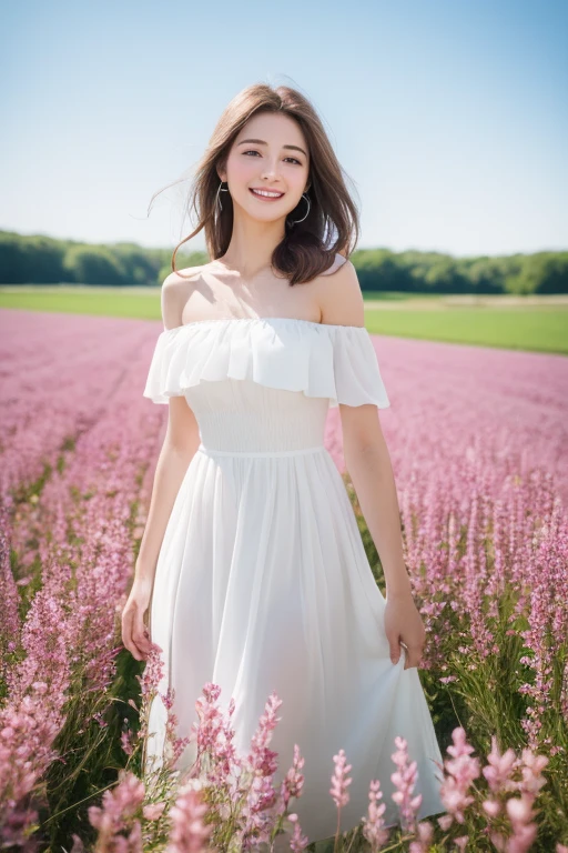 Best quality, masterpiece, ultra high res, (photorealistic:1.4), raw photo, 1girl, white dress, off shoulder, blossom violet flower field, glowing skin, light smile