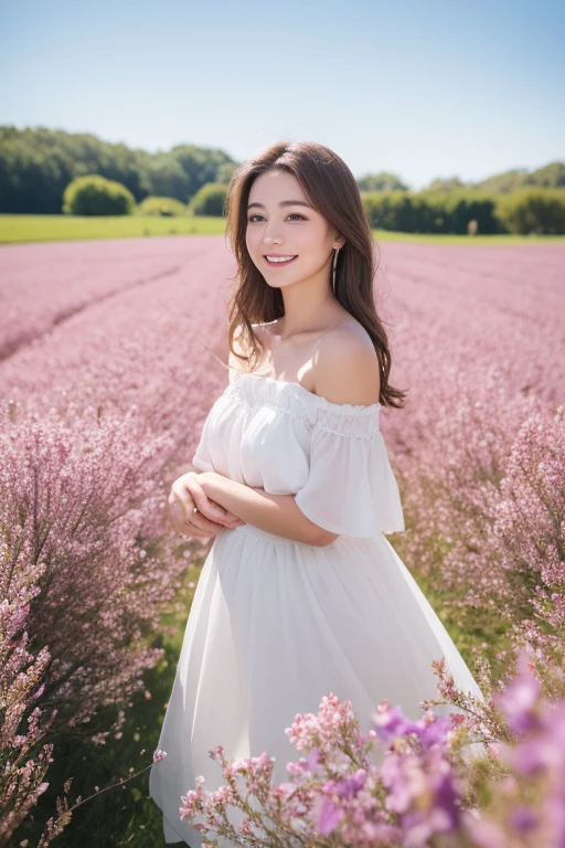 Best quality, masterpiece, ultra high res, (photorealistic:1.4), raw photo, 1girl, white dress, off shoulder, blossom violet flower field, glowing skin, light smile
