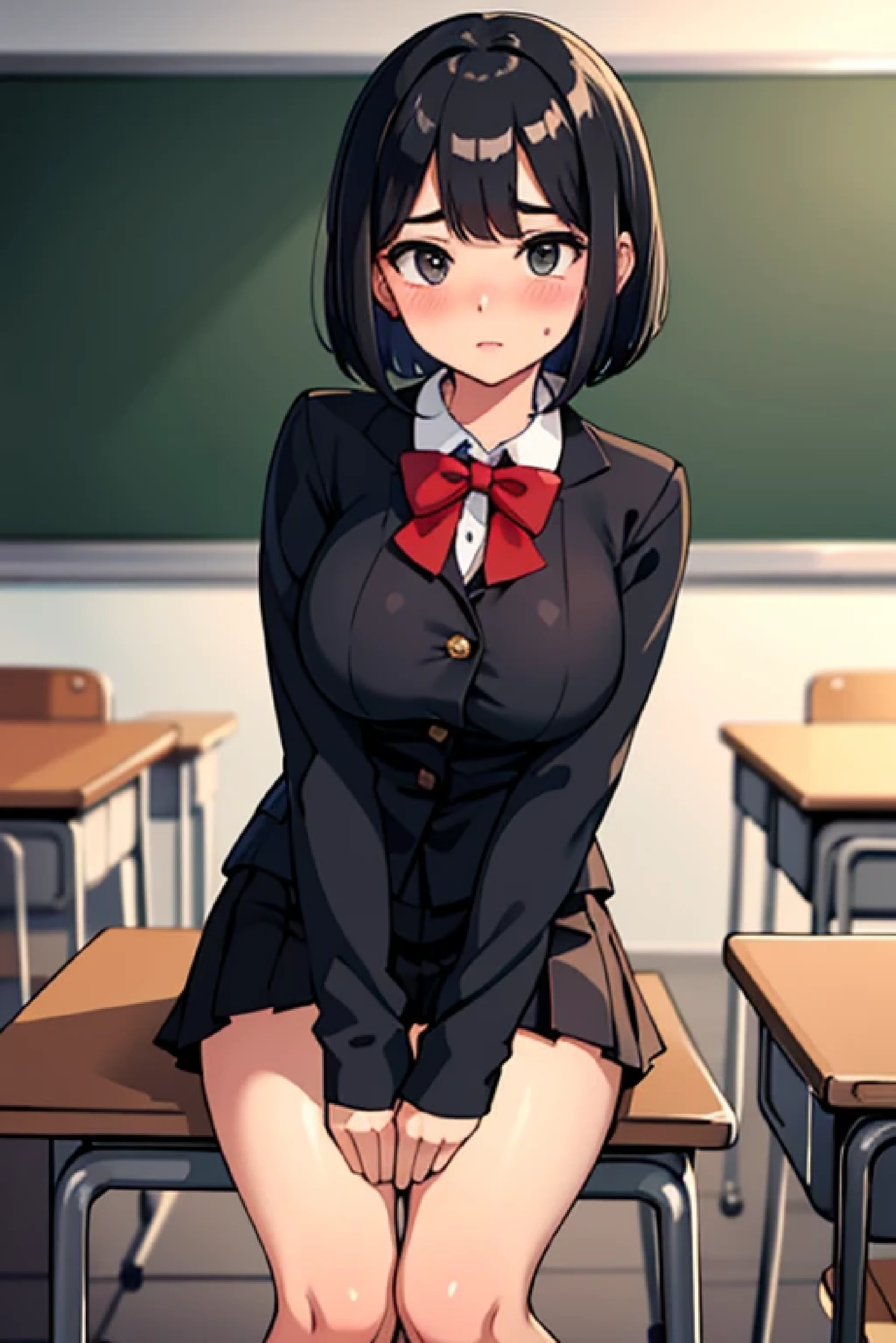 ((highest quality)), ((masterpiece)), (be familiar with), perfect face,((masterpiece)) , uniform, classroom, blush, embarrassing,bob cut,masturbation,breast milk,black hair