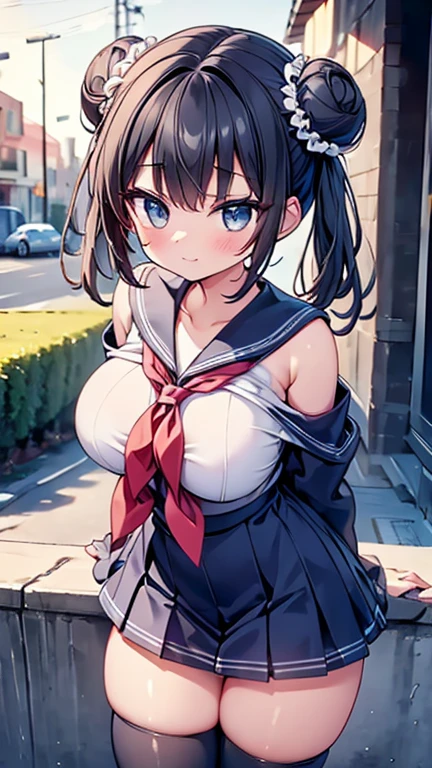 highest quality,wonderful,finely,extremely detailed CG Unity 8K wallpaper, (1 girl, black hair, double bun), (huge breasts:1.1),(off-shoulder sailor uniform:1.3), (zettai ryouiki:1.4)