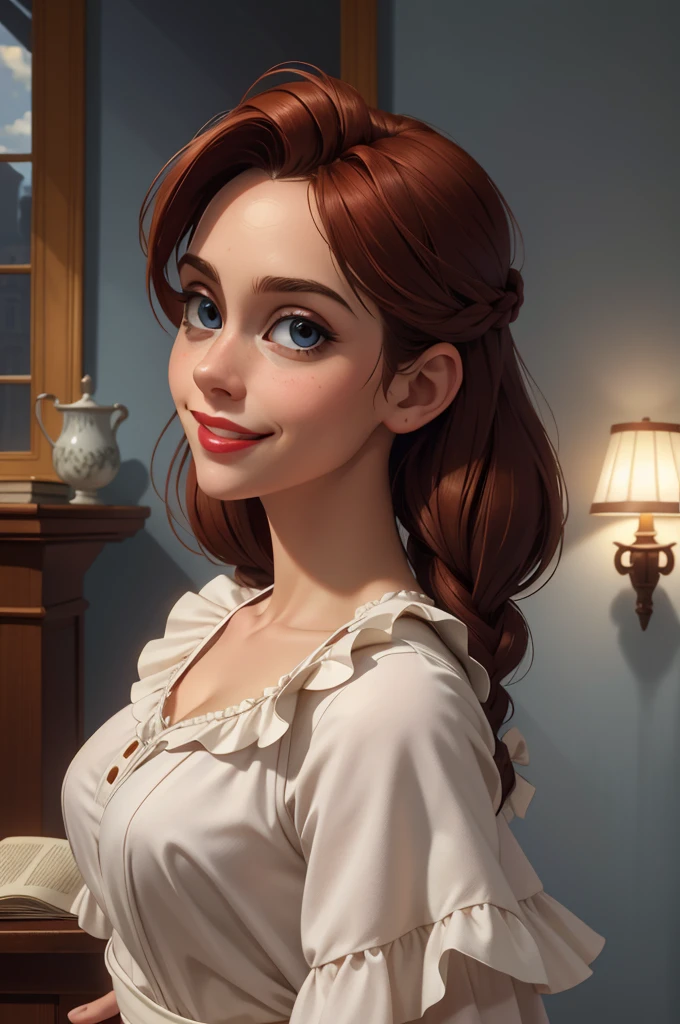 A pretty maid. best quality, masterpiece, Auburn hair, sky blue eyes, wearing a steriotypical French maid outfit. looking up, upper body,hair strand,Fair skin,side braids Large chest,. Adorable, mature Woman,detailed big-eyed woman, round face. promenent red lips. Smileing,In the mansion library, large ass, Picture from the side,looking at the scenes, intense colors, Very valuable details, complex details, volumetric lighting, digital art, 8k, trending on Artstation, Clear focus, complex details, highly detail, Greg Rutkowski Big Eyes, high-resolution, Auburn hair. Alison Brie., attractive chest, .Photorealistic. Confidence, self esteem, assertiveness, dominance. wide Amused smile. ecstastic expression. Sultry
