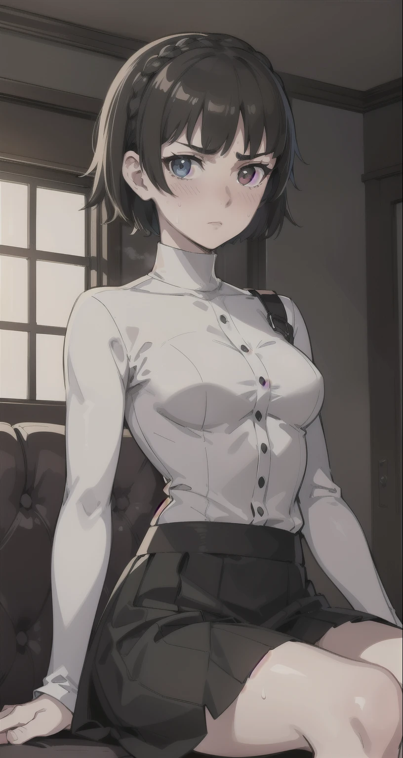 { masterpiece : best quality : high resolution : unity 8k wallpaper : illustration } { Background = inside a creepy room } { Makoto Niijima : short hair : braided around top hair : perfect fit body : perfect smallshape breast : serious : drunk expression : blush : sweating : white shirt long sleeves turtle neck and black skirt : sitting on sofa }