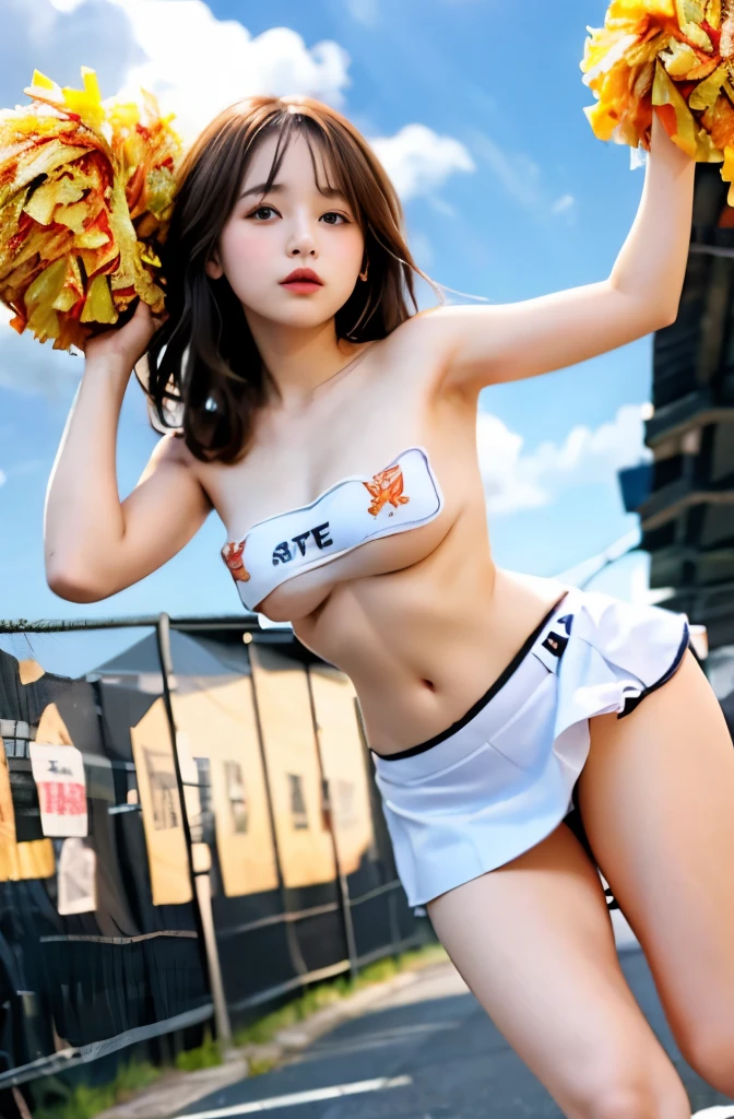 ((mini skirt:1.3)),(((topless:1.3))),(((show panties:1.3))),((Cheerleader:1.3)),(highest quality,4k,8K,High resolution,masterpiece:1.2),1 beautiful woman,,35mm lens,f/1,realistic chest,(((seductive pose))),soft sunlight,bright colors,playful expression