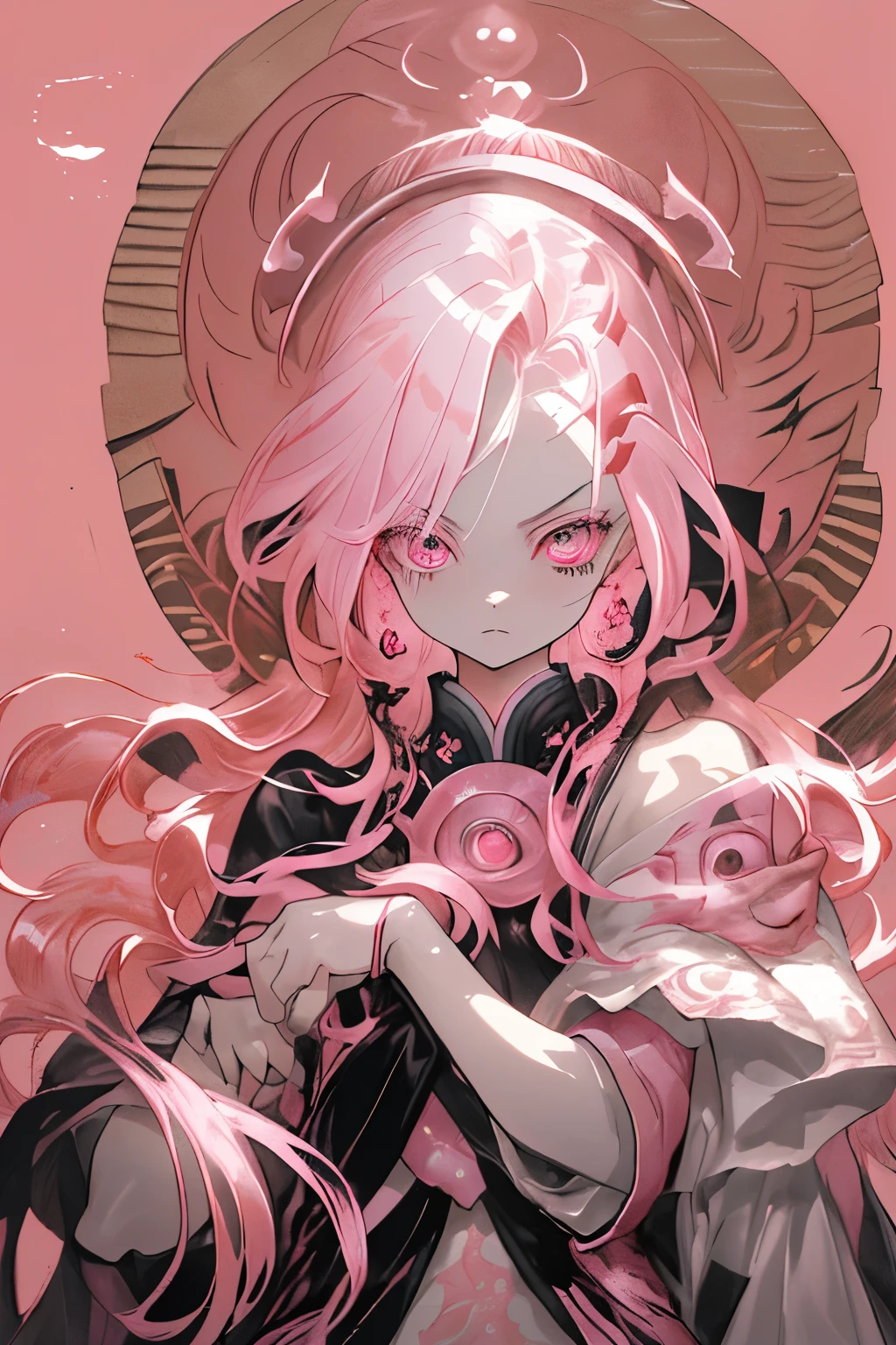 Pink-haired demon slayer from the Heian era, solo in a serene forest clearing, clad in traditional armor, long pink hair swaying in the gentle breeze, piercing gaze fixed on the viewer, blood-red background hinting at the fearsome battles fought, gold and jade jewelry adorned neck and wrists, closed mouth revealing a slim line of lipstick, half-drawn katana at her side, intricate tattoos of mythical creatures inking her arms, eyes shimmering with a fiery pink hue, possession mark of a demon slayer visible on the nape of her neck, fierce determination etched on her features, wavy pink hair contrasting with the stern