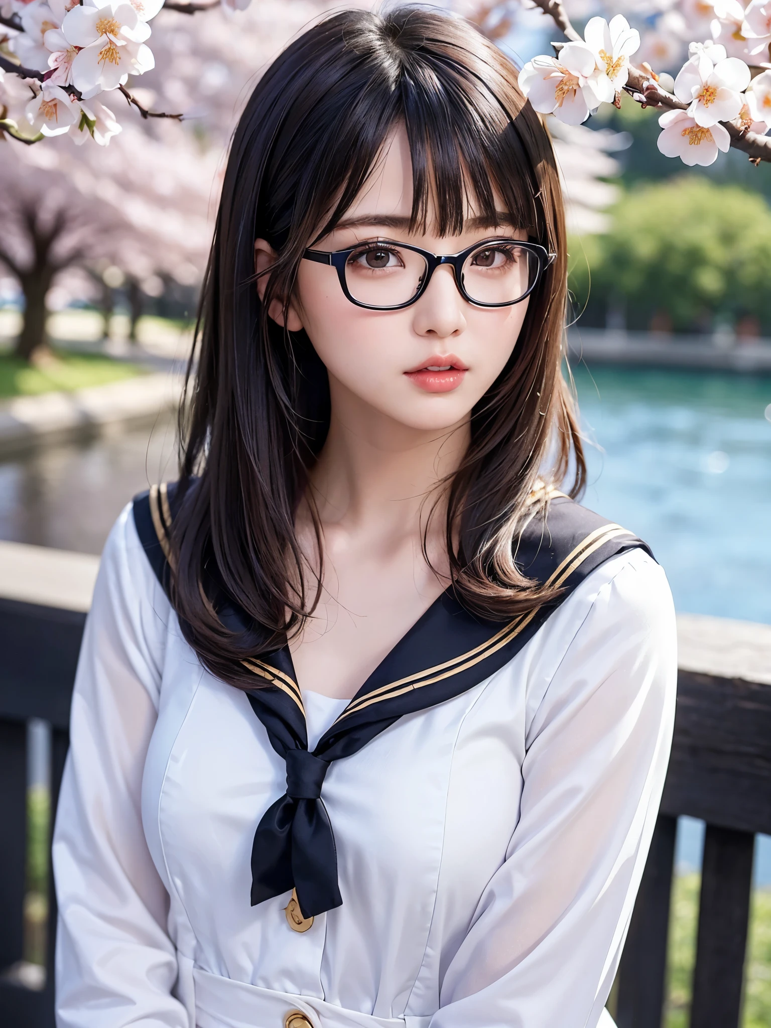 ((master piece))、((super detailed))、((beautiful girl))、(best quality)、(Cherry tree in full bloom)、(looking at the viewer)、(glamorous body)、(realistic black hair)、reflex hair、pout a little、beautiful and fine eyes、big rim glasses、(sailor suit)