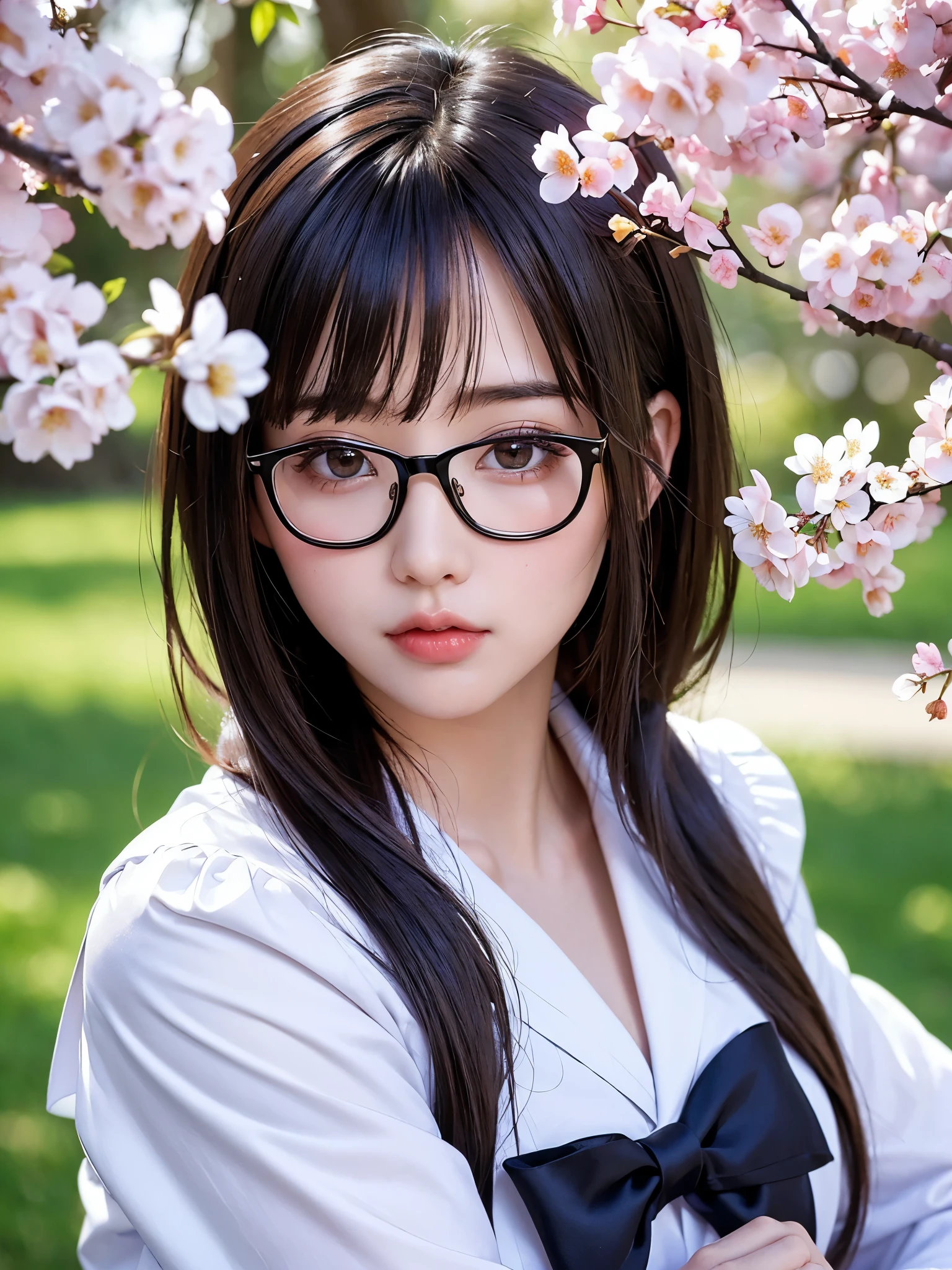 ((master piece))、((super detailed))、((beautiful girl))、(best quality)、(Cherry tree in full bloom)、(looking at the viewer)、(glamorous body)、(realistic black hair)、reflex hair、pout a little、beautiful and fine eyes、big rim glasses、(red kimono、open shoulder)