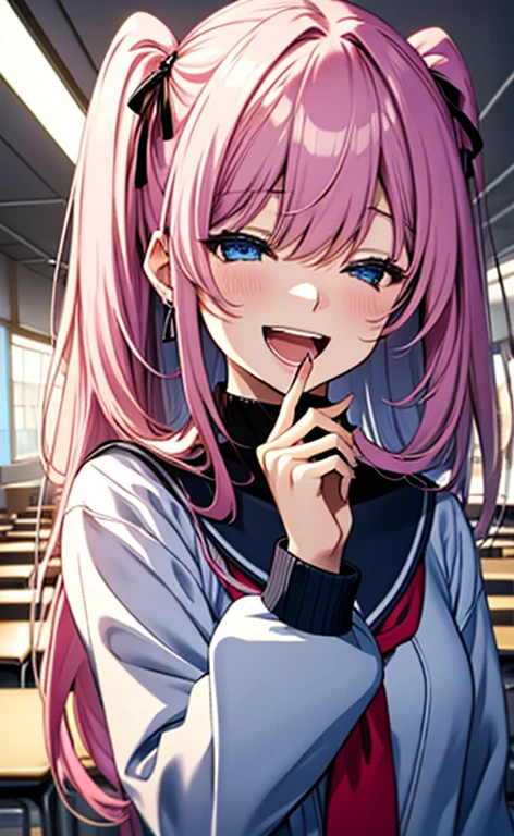 (masterpiece、top-quality、8k size wallpaper、offcial art)、(face focus:1.8,portrait,upper body:1.6)、(1girl),(very loud laugh,Open mouth:1.3),(closed eyes),cute face,blue eyes、twintails、
,(stand),
,(sexy body),(school uniform),(long fluorescence pink hair1.3), (small breasts)、
、fluorescence、classroom,JK、