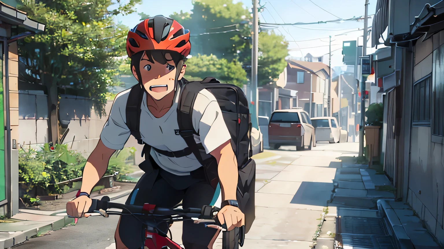 A male delivery man in his 20s、Wearing a grey jersey、Carrying a big green bag on his back、Wearing a helmet、On a bicycle、A man gritting his teeth and crying as he cycles、upper body image