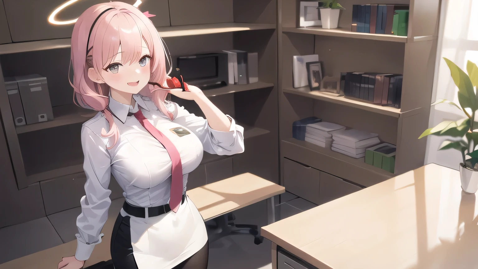 ((masterpiece, best quality)), (1girl),((mature female)), lightpink hair, halo, horn, ((office lady )),bangs,middle breast,(busty),slim,smile, [wide hips],office,standing, aru \(blue archive\),