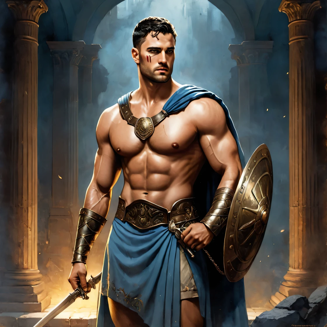 chiaroscuro technique on sensual illustration of an masculine, 26-year-old Italian male model, handsome Roman, he is the god of war, he is Ares, Mars, evil-looking, strong look, light blue eyes, strong jawline, dressed as a gladiator, ancient gladiator, male gladiator skirt, matte painting, by Harumi Hironaka, extremely soft colors, vibrant, pastel, highly detailed, digital artwork, high contrast, golden dramatic, refined, tonal, an intimate, seductive studio setting with a focus on sensuality and romance. Utilize soft, warm lighting that bathes the space in a gentle, inviting glow. Incorporate luxurious fabrics, plush furnishings, and a touch of decadence to evoke an opulent ambiance. The scene should exude an air of serenity and anticipation, inviting the viewer into a sensual and romantic space