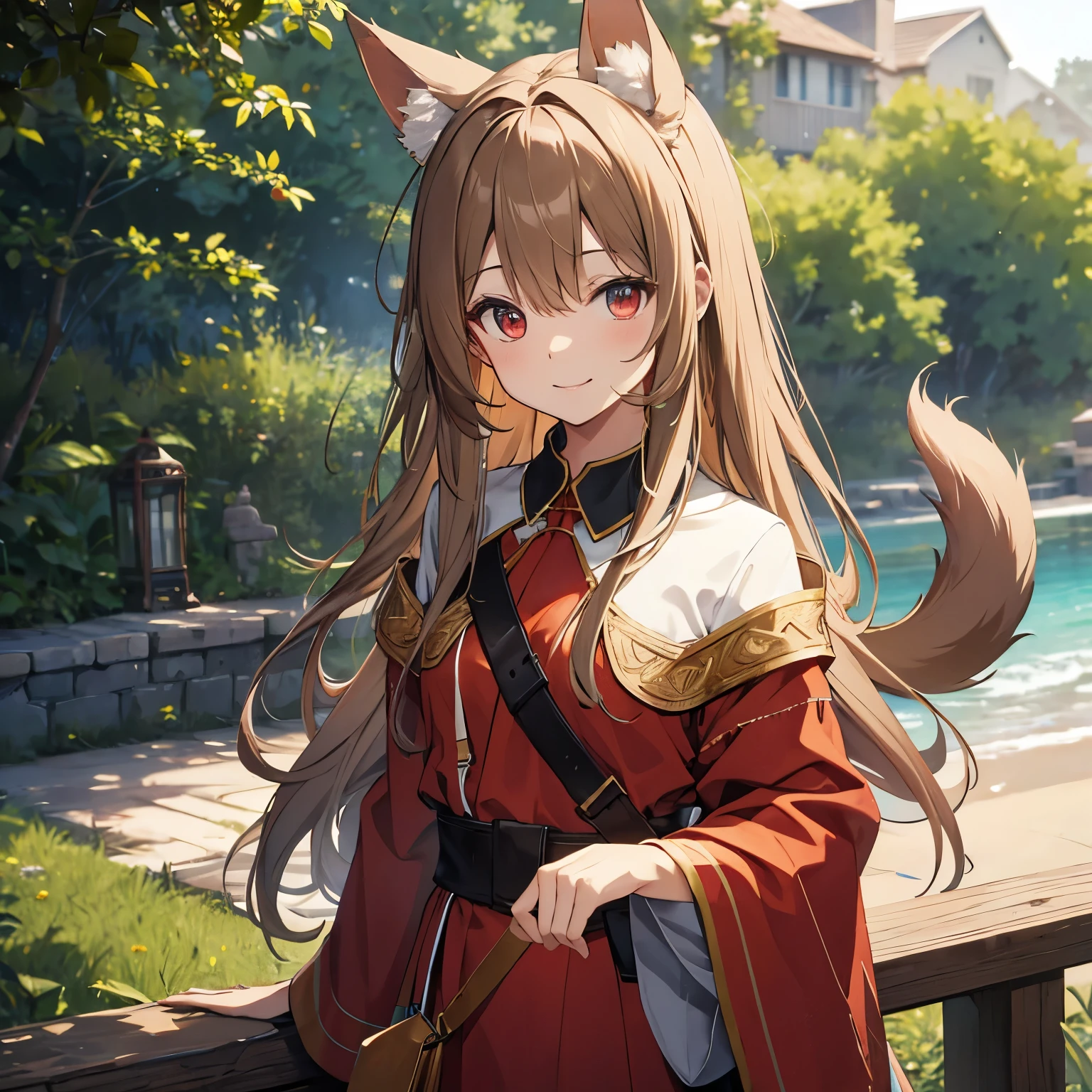 masterpiece、light brown hair、long hair、delicate eyes、red eyes、green clothes、Pouch from neck、animal ears、tooth、smile、Hands on cheeks、fluffy tail