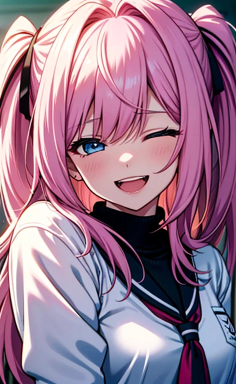 (masterpiece、top-quality、8k size wallpaper、offcial art)、(face focus:1.8,portrait,upper body:1.6)、(1girl),(very loud laugh,Open mouth:1.3),(closed eyes),cute face,blue eyes、twintails、
,(stand),
,(sexy body),(school uniform),(long fluorescence pink hair1.3), (small breasts)、
、fluorescence、classroom,JK、