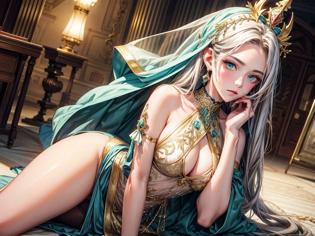 (best quality, high resolution, masterpiece:1.2), Super detailed, Beautiful and delicate lake green eyes, Beautiful and delicate lips, extremely detailed face, super long hair, 1 girl, royal members, Beautiful girl with golden beige hair, (Wearing a royal blue royal costume), see-through chiffon platinum shawl, (gold ornaments), golden and silver pattern, (light blue pattern), (complex pattern:0.5), Lovely, attractive, portrait, delicate eyes, Luminous earrings, Reflective pupil, royal clothing design, see-through detail clothing design, (empty:0.7), chiffon, (see-through chiffon), (lace:0.7), black gloves, Diamond choker, Diamond ring, Diamond hairpin, medieval european castle, Super high quality skin, Real skin texture, super high detail, anime, Realism, 8K, UHD, ccurate