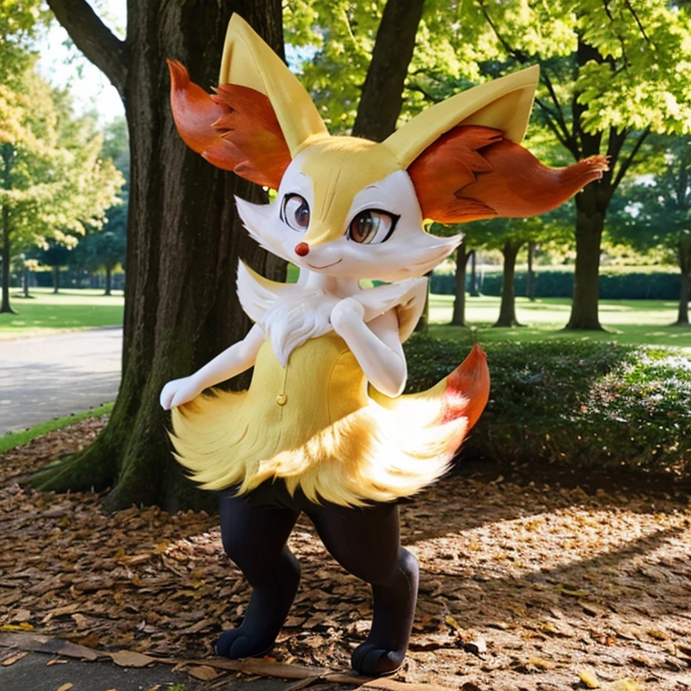 (ultra detailed), a beautiful and detailed full body photo of a very realistic kawaii Braixen suit. The Braixen kemono suit is made of glossy vinyl that gives it a shiny appearance, perfectly complementing the adorable smile on its face. The photo is taken outdoors by a park, where the cute Braixen strikes a pose that captures its playful and joyful nature. The suit has large limbs, which are intricately crafted with an incredible attention to detail.