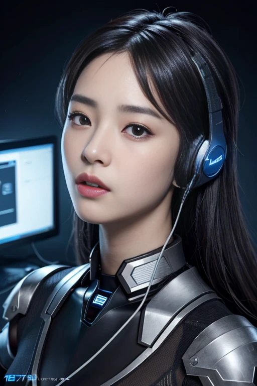 masterpiece, 1 beautiful girl, Detailed eye, Swollen eyes, top-quality, 超A high resolution, (reality: 1.4), movie lighting, japanes, a asian beauty, very extremely beautiful, Beautiful skins, A slender, Forward-facing body, (A hyper-realistic), (hight resolution), (8K), (ighly detailed), ( Best Illustration), (beautifully detailed eyes), (ultra-detailliert), Detailed face, Bright lighting, Professional Lighting、The background is a cyberpunk room with many monitors..、The cord is connected from the costume、A dark-haired、head phone、headset on head、Female Game Commentator、casual clothing