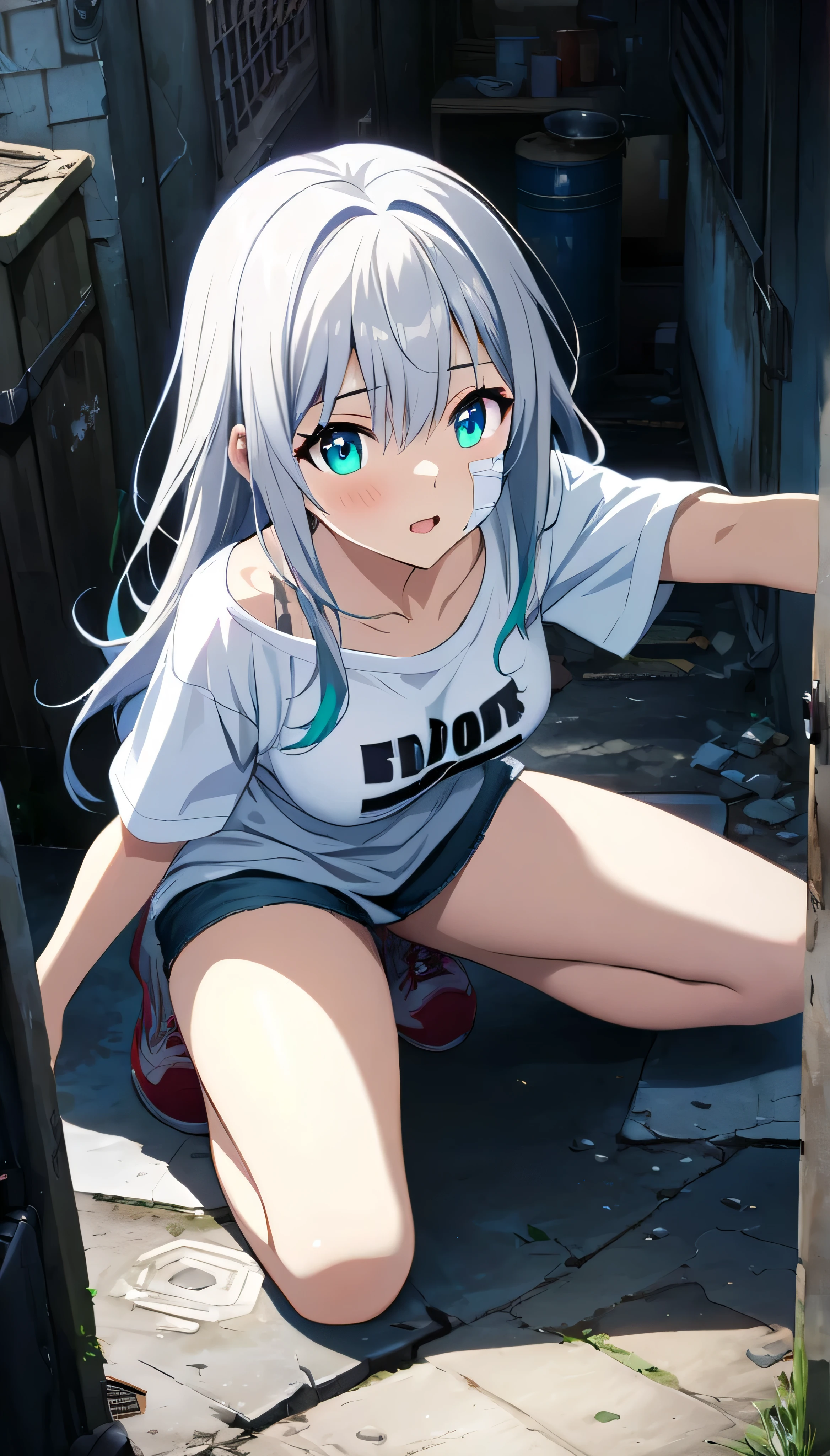 full resolution. masterpiece. Full HD. very detailed. very detailed eyes. best quality. 1girl. young girl. very beautiful and cute girl. thin body. poor girl. longhair. white hair. charming bright aqua eyes. breasts. dirty t-shirt. oversized white T-shirt. kneel . bandage on face. in a slum city alley. depth of field. best rendered CG