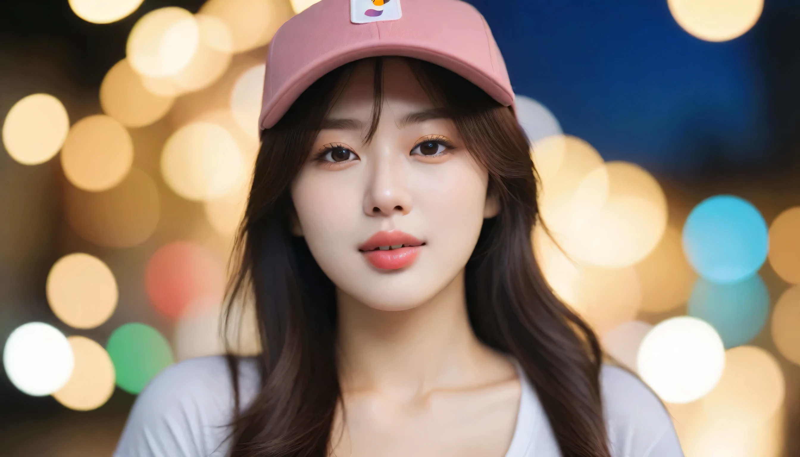 close-up of beautiful korean female, 34 inch breasts size,wearing cap, t-shirt, close one eyes, tongue out, bokeh background, Polaroid photo, UHD