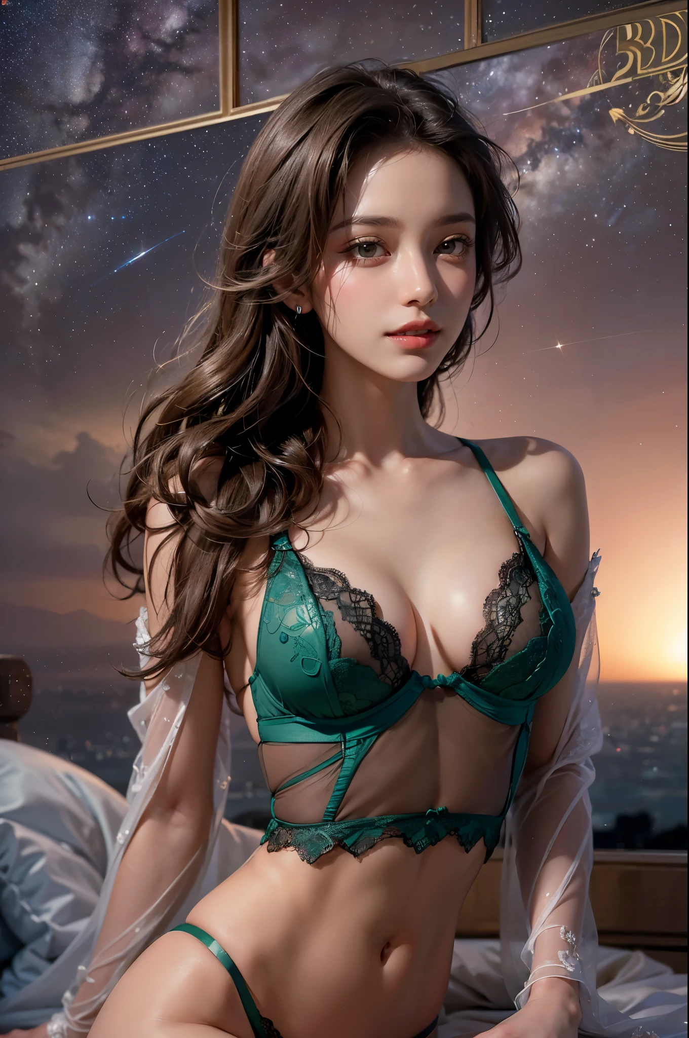 (best quality, masterpiece, ultra detailed, ultra high res, photorealistic, raw photo, absurdres, absolutely resolution:1.5),(An extremely delicate and beautiful work:1.4)(best quality color photo of a mysterious beautiful woman in a green bra and pantie, haute couture fashion shoot, Advertising photo for luxury lingerie brand, medium long shot:1.5),

Brake French luxury lingerie brand, (The brand concept is that lingerie gives women beauty, femininity, and confidence,)

Brake (the lingerie has a bold, sensual, and romantic design, The design features delicate lace and exquisite curves that cannot be imitated anywhere else:1.3), (Lingerie that makes a woman's body shine and makes her feel passionate),The ultimate lingerie that women all over the world aspire to, (very delicate lace lingerie:1.2), sexy lingerie, elegant and sophisticated fashion,

Brake (The woman is a 28-year-old global super model:1.4),(beautiful figure, Perfect female body,skinny physique:1.5), (she is the embodiment of beauty and allure), A very beautiful and sexually attractive woman, sensual and seductive, asian beauty,(her flowing hair cascades gracefully, perfectly complemented by tasteful and elegant makeup:1.3) ,(black hair), (detailed face), looking at viewer, detailed eyes, black eyes, lustrous lips ,(subtle smile),cleavage, (muscular),

Brake (the woman is standing on the balcony:1.1), (starry sky background),Gentle and enigmatic expression, High color saturation,