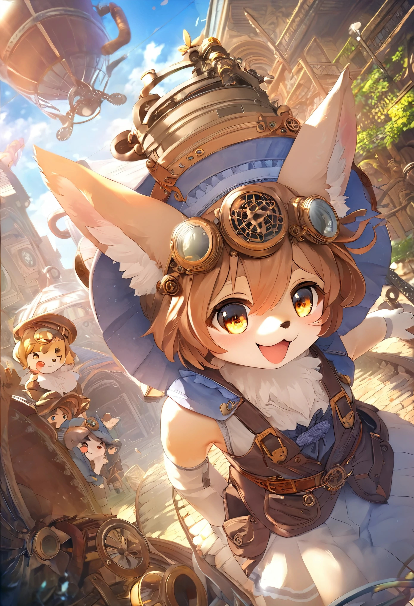 cover_page, highres, top quality, best quality, paid reward available, High-quality illustrations, unparalleled masterpiece, perfect artwork, absurdres, super high resolution, detailed background, Steam punk, Beautiful World Heritage, 6+boys, 6+girls, Happy, joyful(Photos of solo travelers)(kemono, furry anthro)cinematic lighting, dynamic angle,
