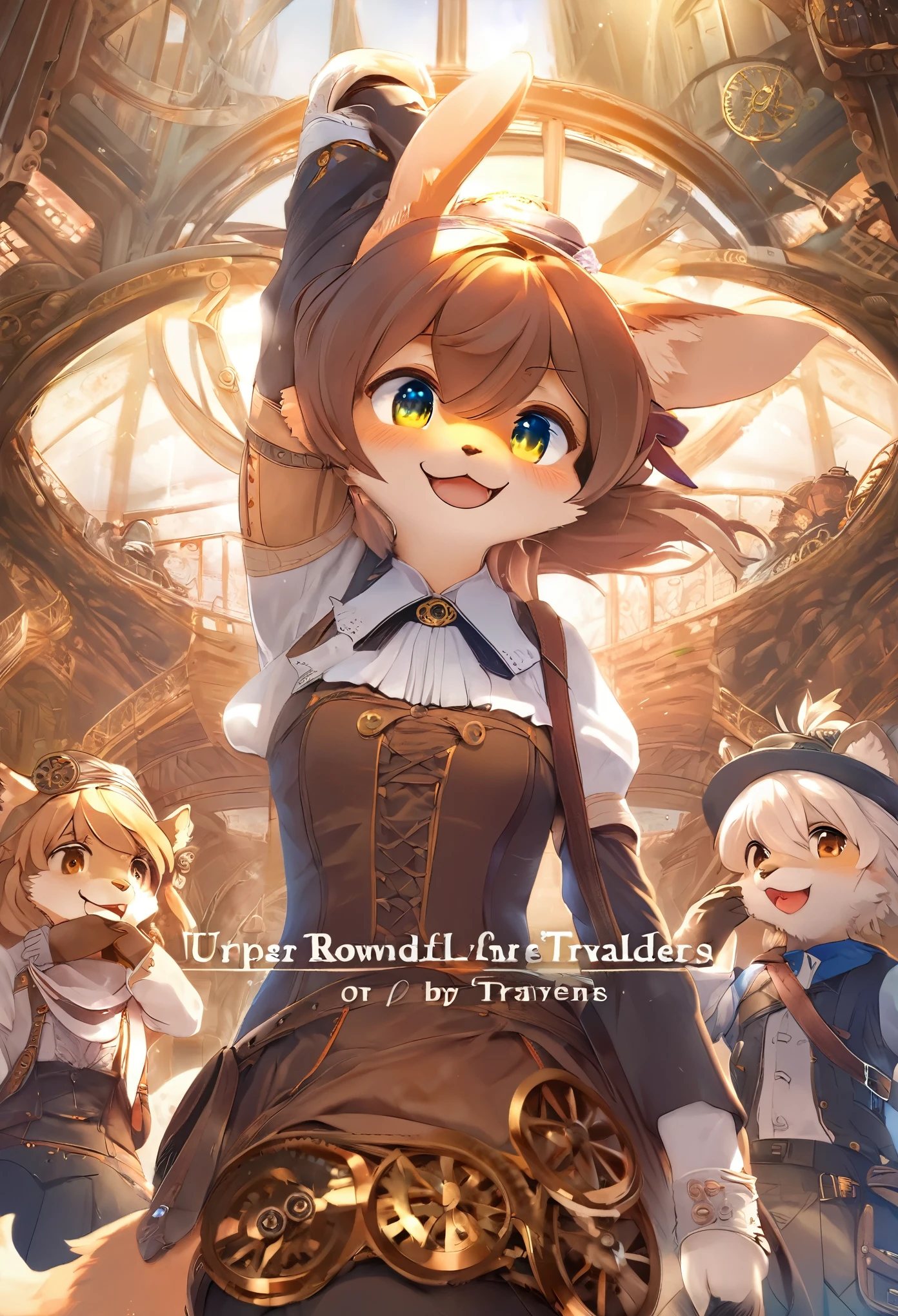 cover_page, highres, top quality, best quality, paid reward available, High-quality illustrations, unparalleled masterpiece, perfect artwork, absurdres, super high resolution, detailed background, Steam punk, Beautiful World Heritage, 6+boys, 6+girls, Happy, joyful(Photos of solo travelers)(kemono, furry anthro)cinematic lighting, dynamic angle,