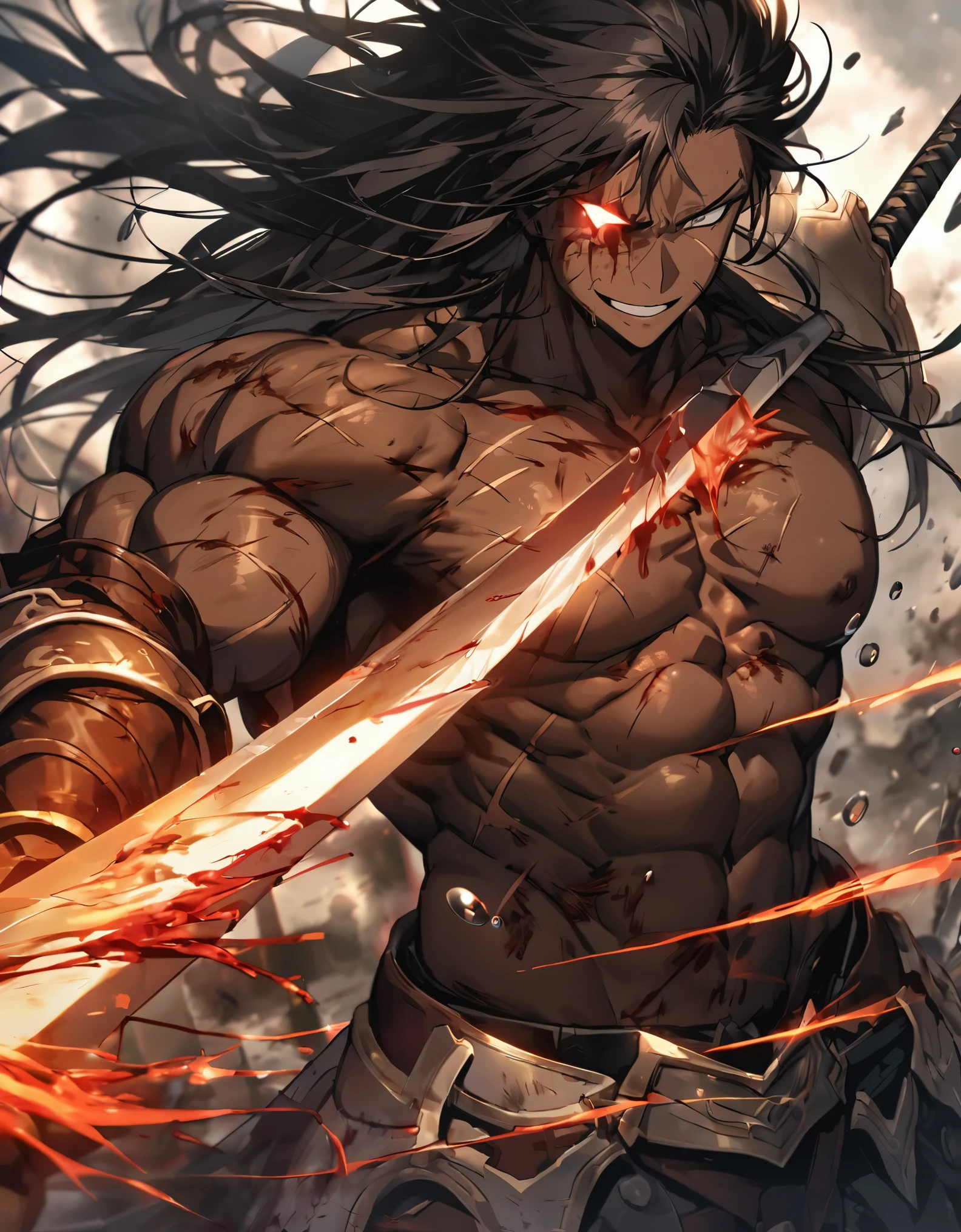 battlefield、1 male、strong arm、Lumpy body、muscular body、long hair、black hair、armor、white of eyes、Brave、big sword、Large sword、swing a sword、wind effect、All in one、cool、A bold smile、Flaming Sword、燃えるLarge sword、Blood droplets、injury、Vomiting blood、Large scratches、One eye is destroyed、scar on one eye、One glowing eye、brown skin