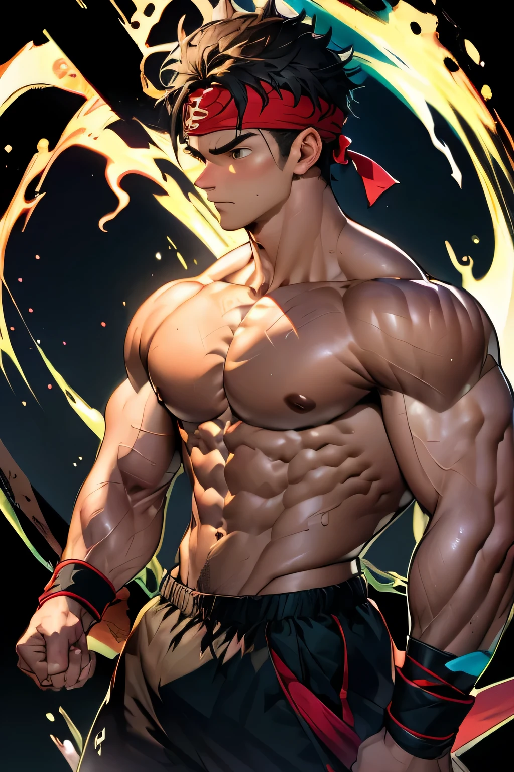 (Masterpiece, Best quality 19 year old boy, black background), solo, Young, boy, muscler, Shirtless, topless, (Dark Short straight hair, under cut, brown eyes), (red headband, ((black wristband))), Vivid colors, (hot Abs:1.2, abs!, big abs, big breast:1.2, chest!, muscler upper arms, clenched fist), (topless male), muscler!, muscler body, Man with martial arts stance, (aura power:1.4), detailed face, detailed muscle, (((A magical turquoise mystical aura, random fighting pose, powerful, action, rippling muscles, fighting with great fury against enemy, concentrate)))