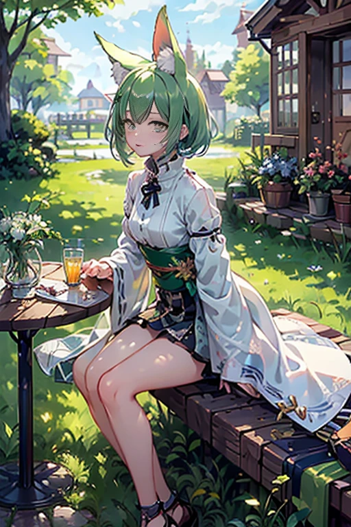 masterpiece, best quality,ultra-detailed,hyper details, cinematic light,, 1girl, solo, sit, outdoor, summerhouse, sitting in the summerhouse, plants, table, chandelier, candle, wind, green eyes, pan-green silver hair, short hair, animal_ears, animal_ear_fluff, floating hair, light, light frown, profile,looking at viewer, dynamic_angle, naked