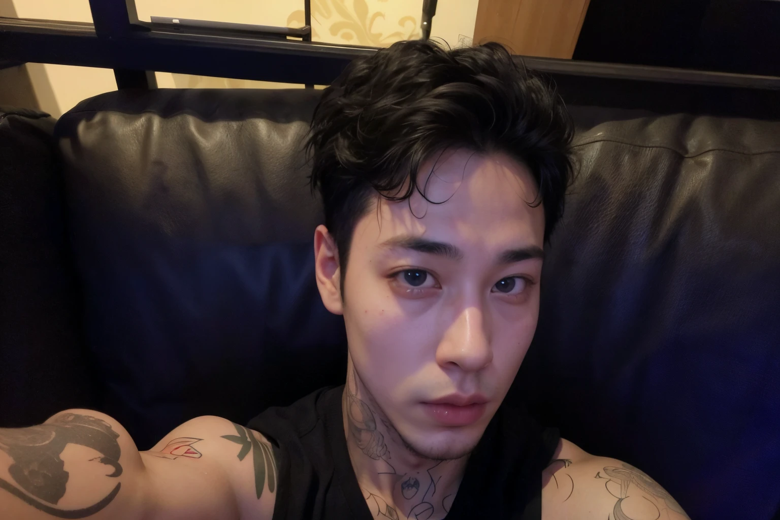 arafed man with tattoos on his arms and arms sitting on a couch, 2 7 years old, 2 8 years old, 2 2 years old, 2 3 years old, 2 9 years old, 21 years old, 2 4 years old, 3 2 years old, hong june hyung, taken in the early 2020s