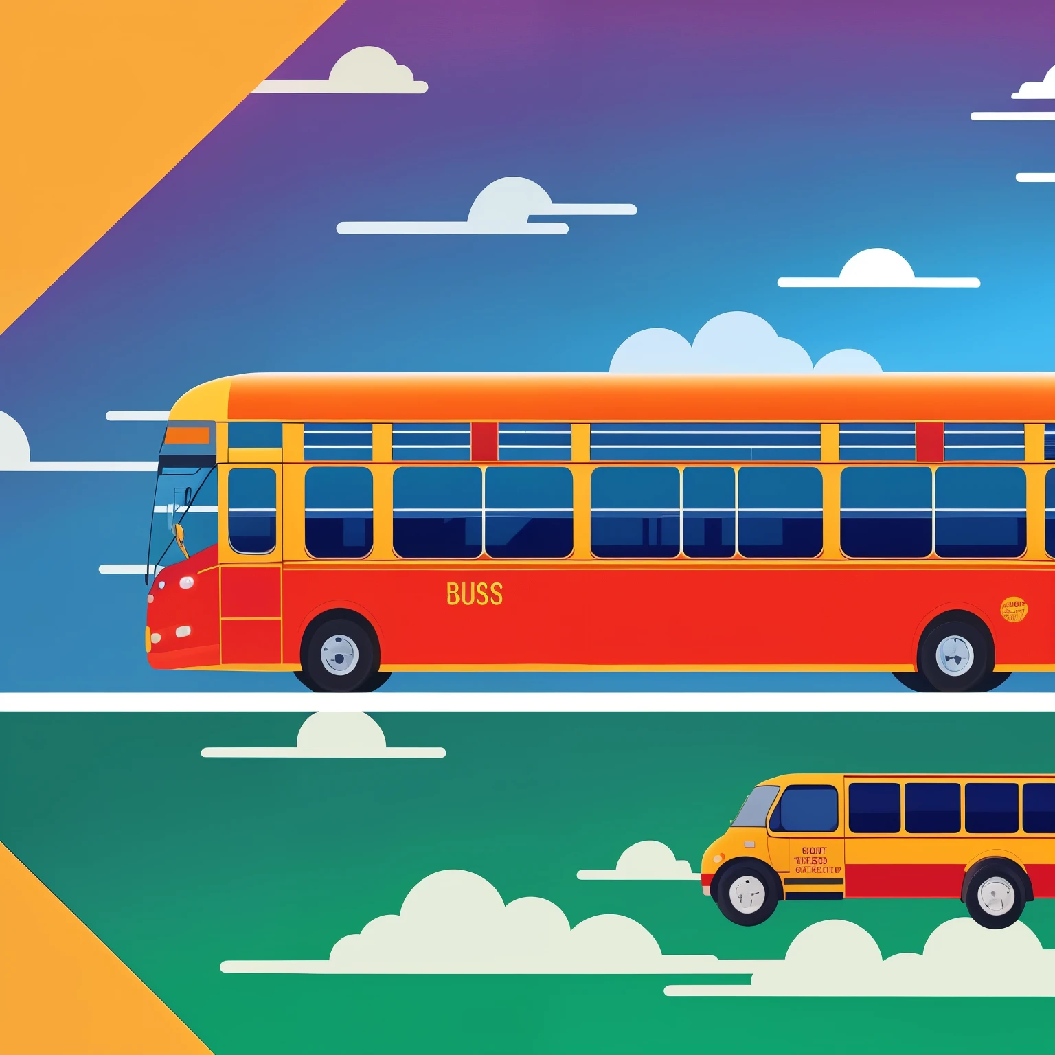 Create a bus in motion, dynamic bus illustration, animated vehicle design, bus in action, vibrant colors, cinematic lighting, exaggerated perspective, intricate details, bus travel theme, detailed urban setting, sidewalks, people, bustling city life. A bus with its doors open, passengers getting on and off, wheels turning, exhaust fumes, sun setting in the background, traffic lights, winding roads, realistic textures, reflections on windows, bus brand logo, overall sense of motion and excitement.