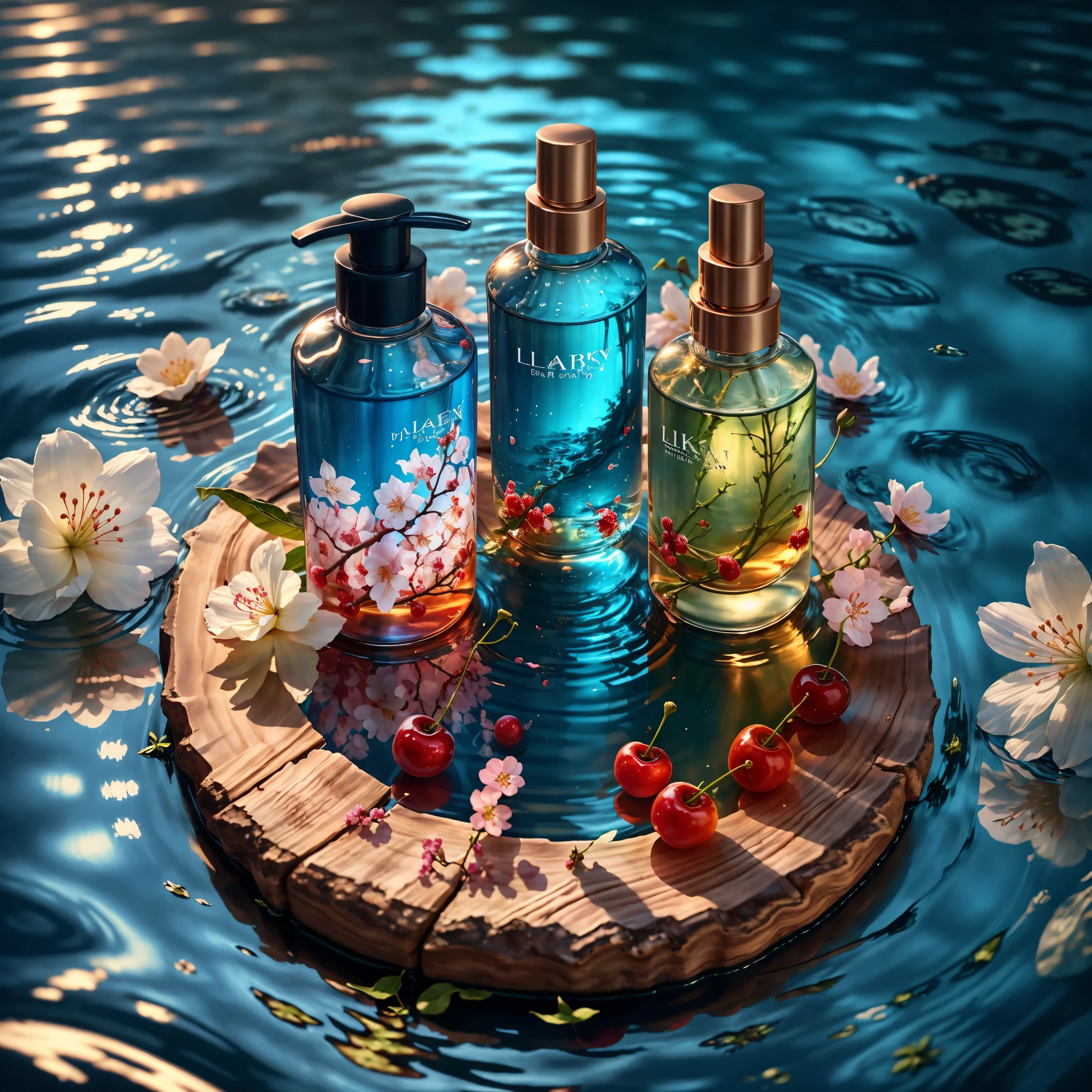 (best quality, 4K, 8K, High resolution, masterpiece), Super detailed, lifelike, mixer, Cosmetic bottles, Surrounded by cherry blossoms, blue sky background, water, Sunlight, low angle of view, Product renderings