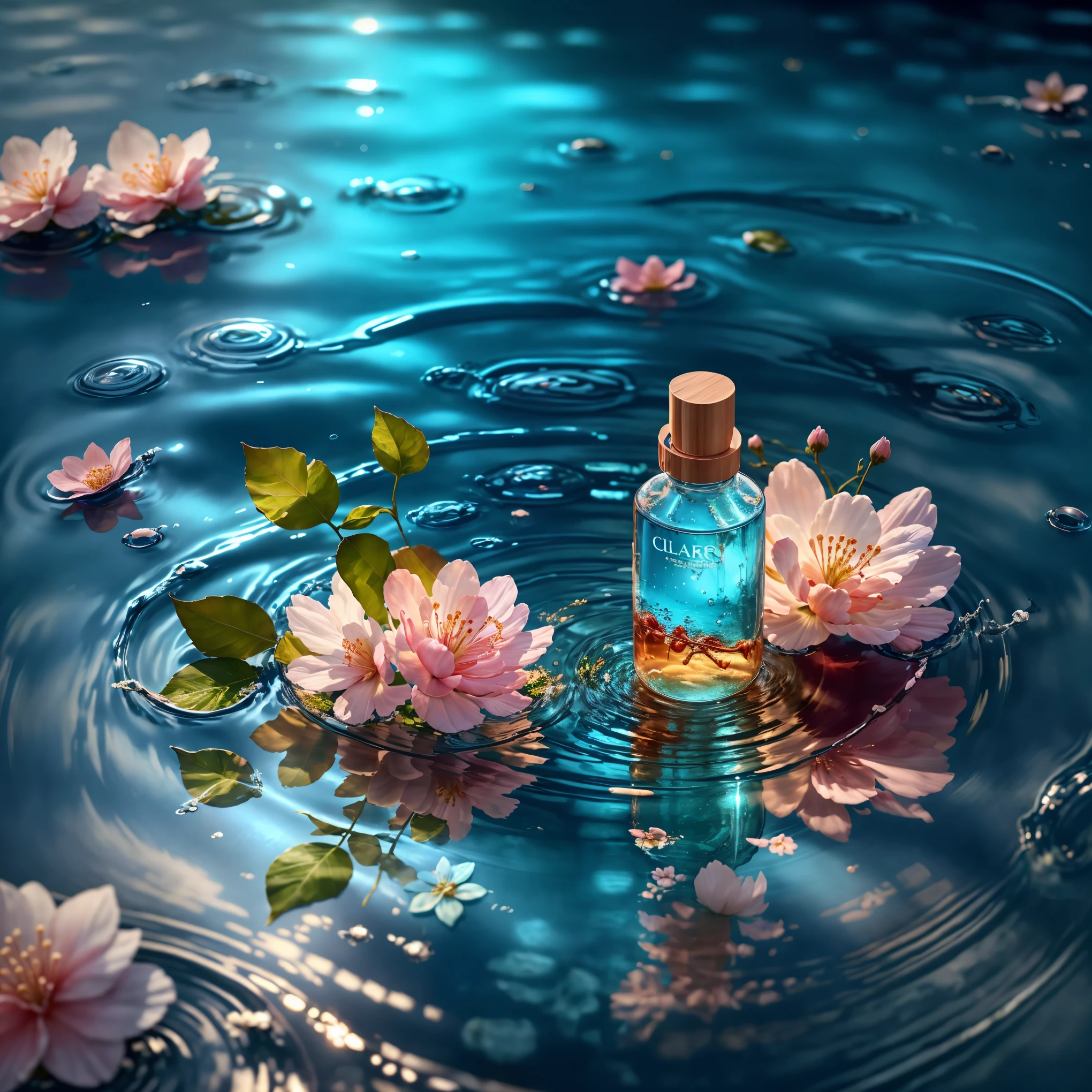 (best quality, 4K, 8K, High resolution, masterpiece), Super detailed, lifelike, mixer, Cosmetic bottles, Surrounded by cherry blossoms, blue sky background, water, Sunlight, low angle of view, Product renderings