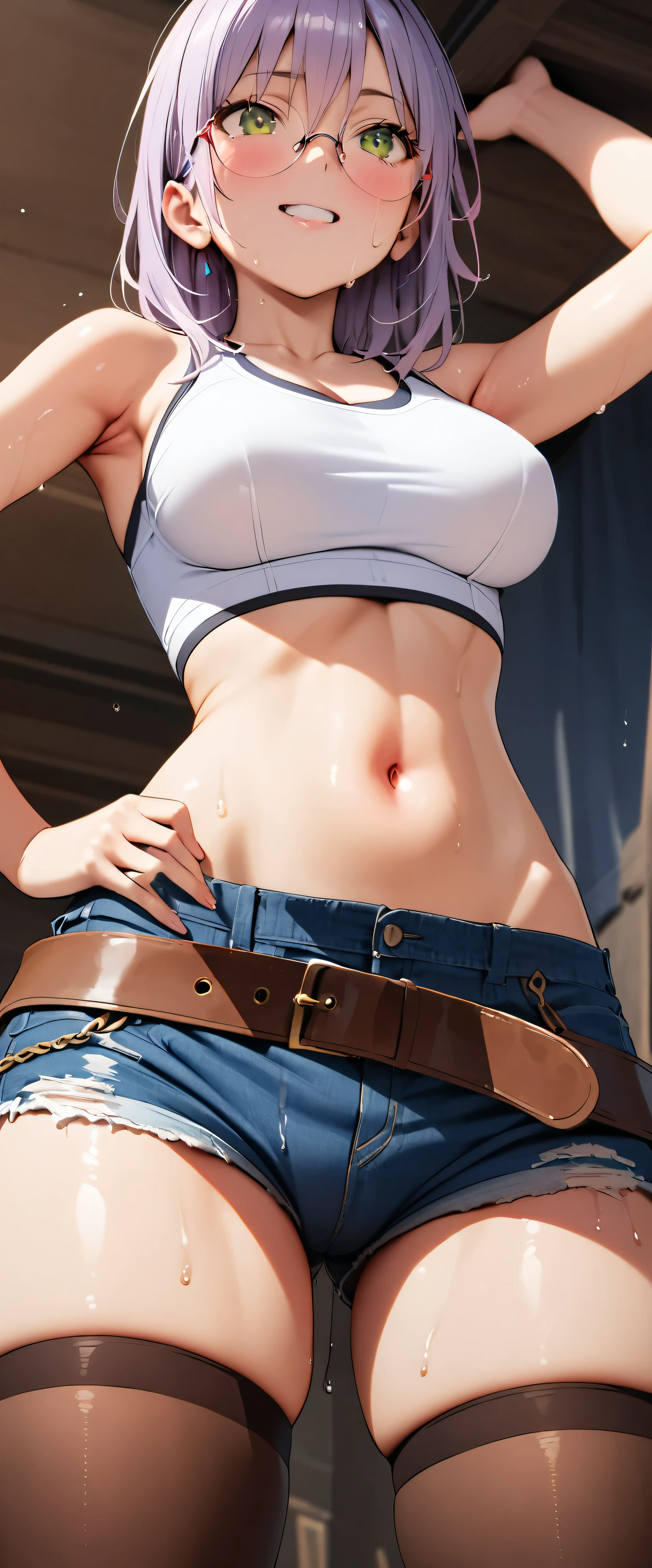 High resolution, woman , good lighting, despicable, , (), (((micro jean shorts))), ((white sports bra)), (((leather thigh high boots))), (I can see your panties), abdomen only, (wet shorts), , cute face, I', ((look up from directly below)),glasses,((white fluid in vagina)),((I can see the vagina))