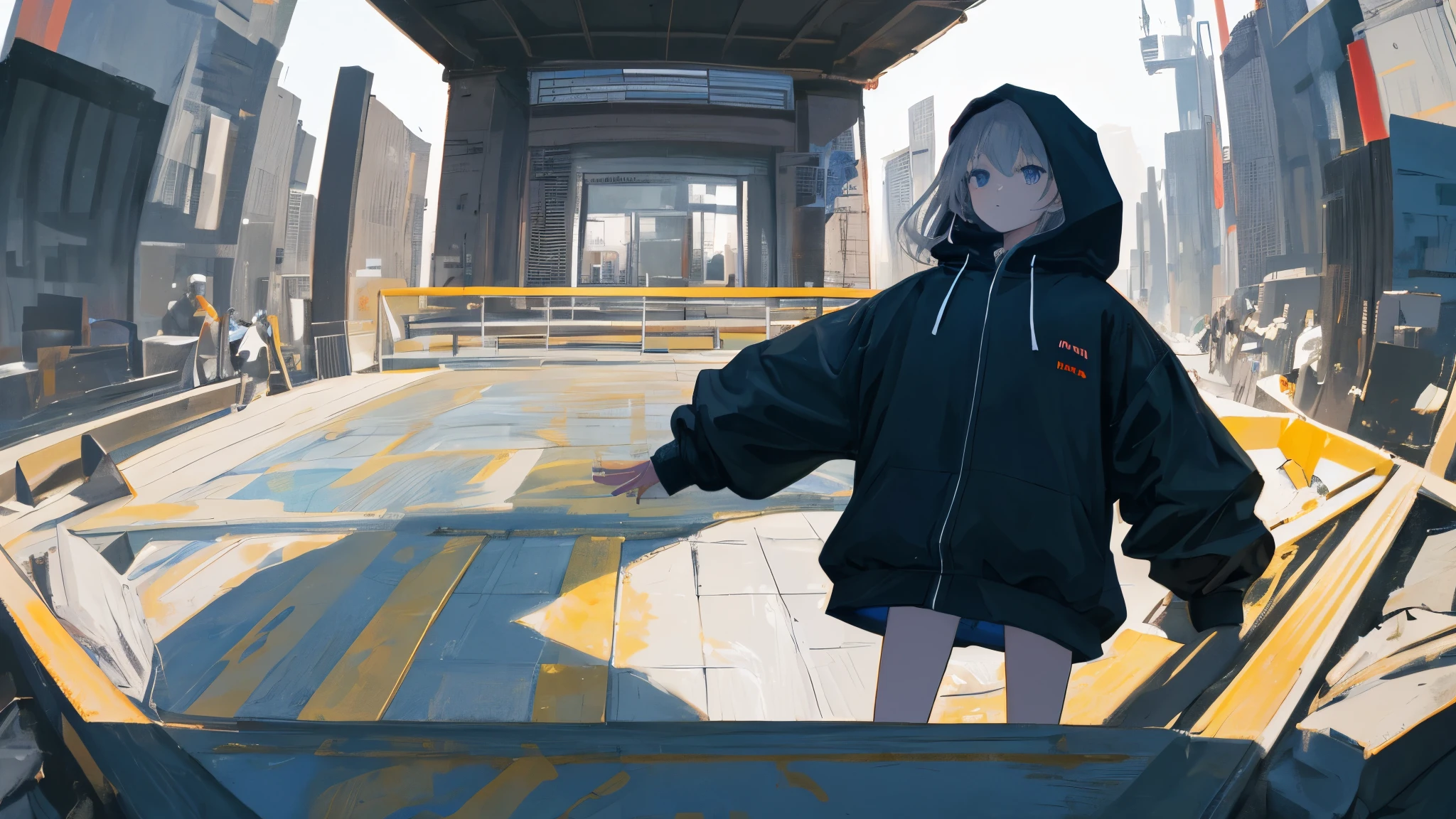 shape: Used Cassina), (monochrome:0.9),(colored:1.1),(masterpiece:1,2), highest quality, masterpiece, High resolution, original, highly detailed wallpaper, look at the audience,,,1 girl,alone,stalker,slow sports、gray hair、black hooded jacket、blue eyeake your hands real