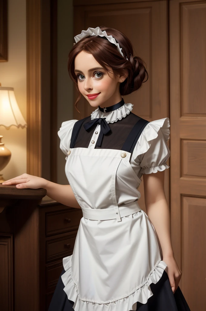 A pretty maid. best quality, masterpiece, Auburn hair, sky blue eyes, wearing a steriotypical French maid outfit, (headdress、white blouse、black ribbon、White Apron、ruffle skirt、puff sleeves、collar、choker、apron with fine ruffles:1.3)、black maid costume). looking up, upper body,hair strand,Fair skin,side braids Large chest,. Adorable, mature Woman,detailed big-eyed woman, round face. promenent red lips. Smileing,In the mansion library, large ass, Picture from the side,looking at the scenes, intense colors, Very valuable details, complex details, volumetric lighting, digital art, 8k, trending on Artstation, Clear focus, complex details, highly detail, Greg Rutkowski Big Eyes, high-resolution, Auburn hair. Alison Brie., attractive chest, .Photorealistic. Confidence, self esteem, assertiveness, dominance. wide Amused smile. ecstastic expression. Sultry