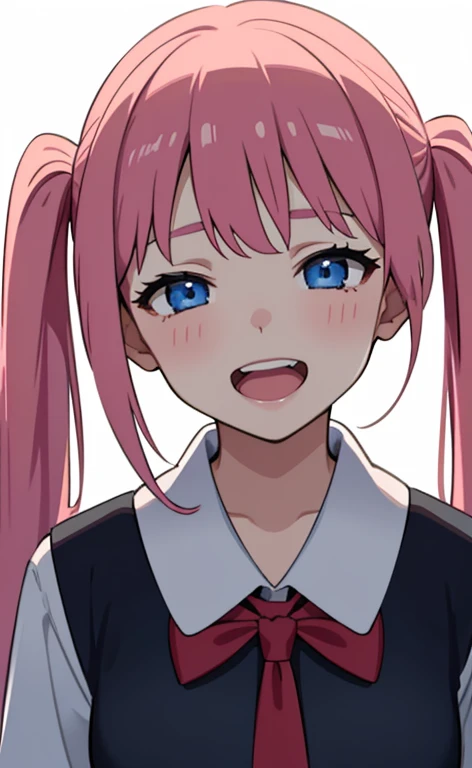 (masterpiece、top-quality、8k size wallpaper、offcial art)、(face focus:1.8,portrait,upper body:1.6)、(1girl),(very loud laugh,Open mouth:1.3),(closed eyes),cute face,blue eyes、twintails、
,(stand),
,(sexy body),(school uniform),(long fluorescence pink hair1.3), (small breasts)、
、fluorescence、classroom,JK、