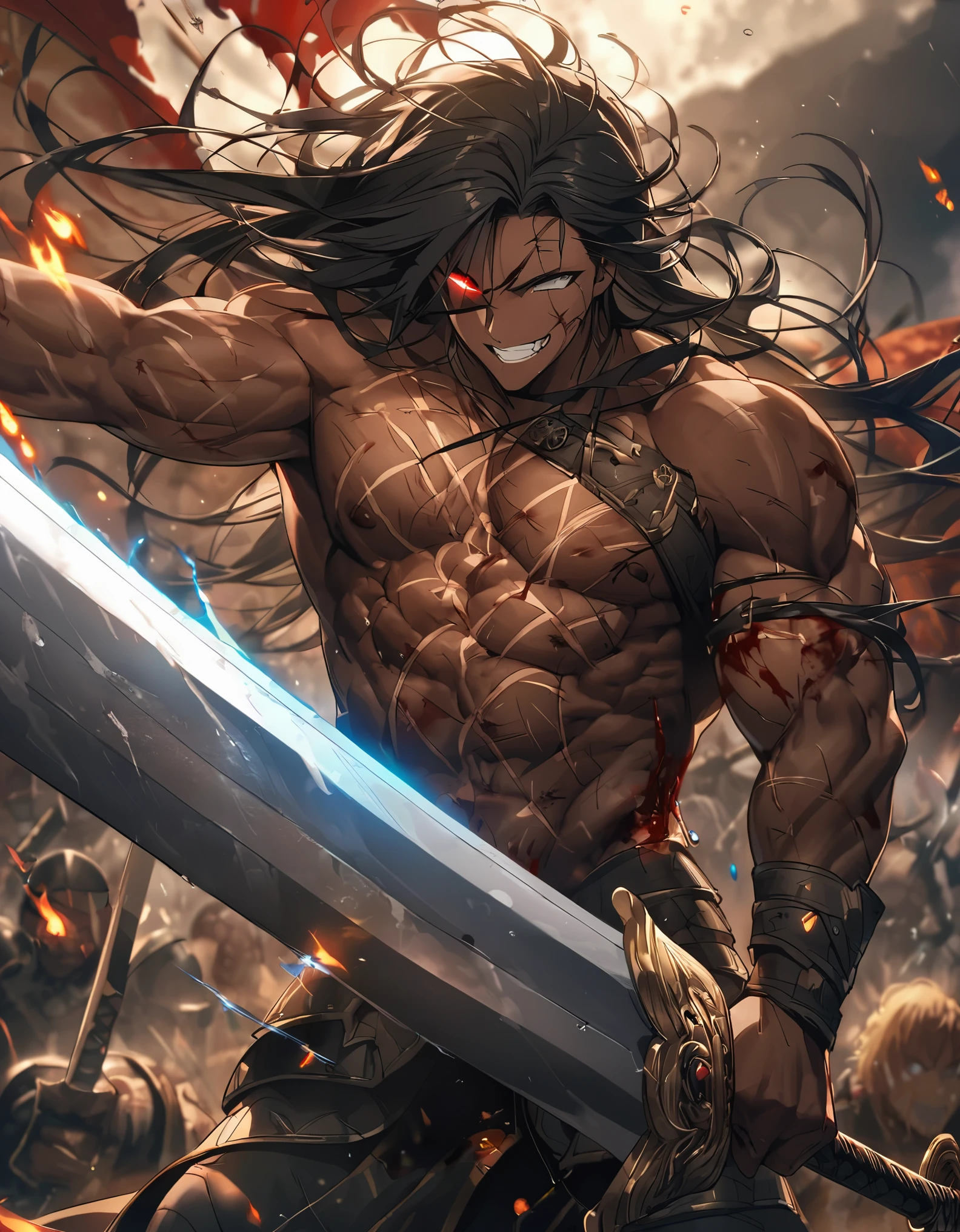 battlefield、1 male、strong arm、Lumpy body、muscular body、long hair、black hair、armor、white of eyes、Brave、big sword、Large sword、swing a sword、wind effect、All in one、cool、A bold smile、Flaming Sword、燃えるLarge sword、Blood droplets、injury、Vomiting blood、Large scratches、One eye is destroyed、scar on one eye、One glowing eye、brown skin、Pattern on the body、tooth、Sword piercing the body、Arrows pierce