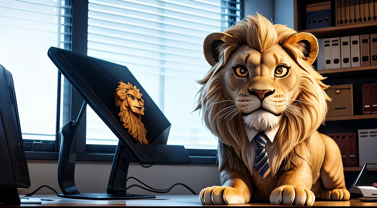 lion in 3d pixar style suit working in office