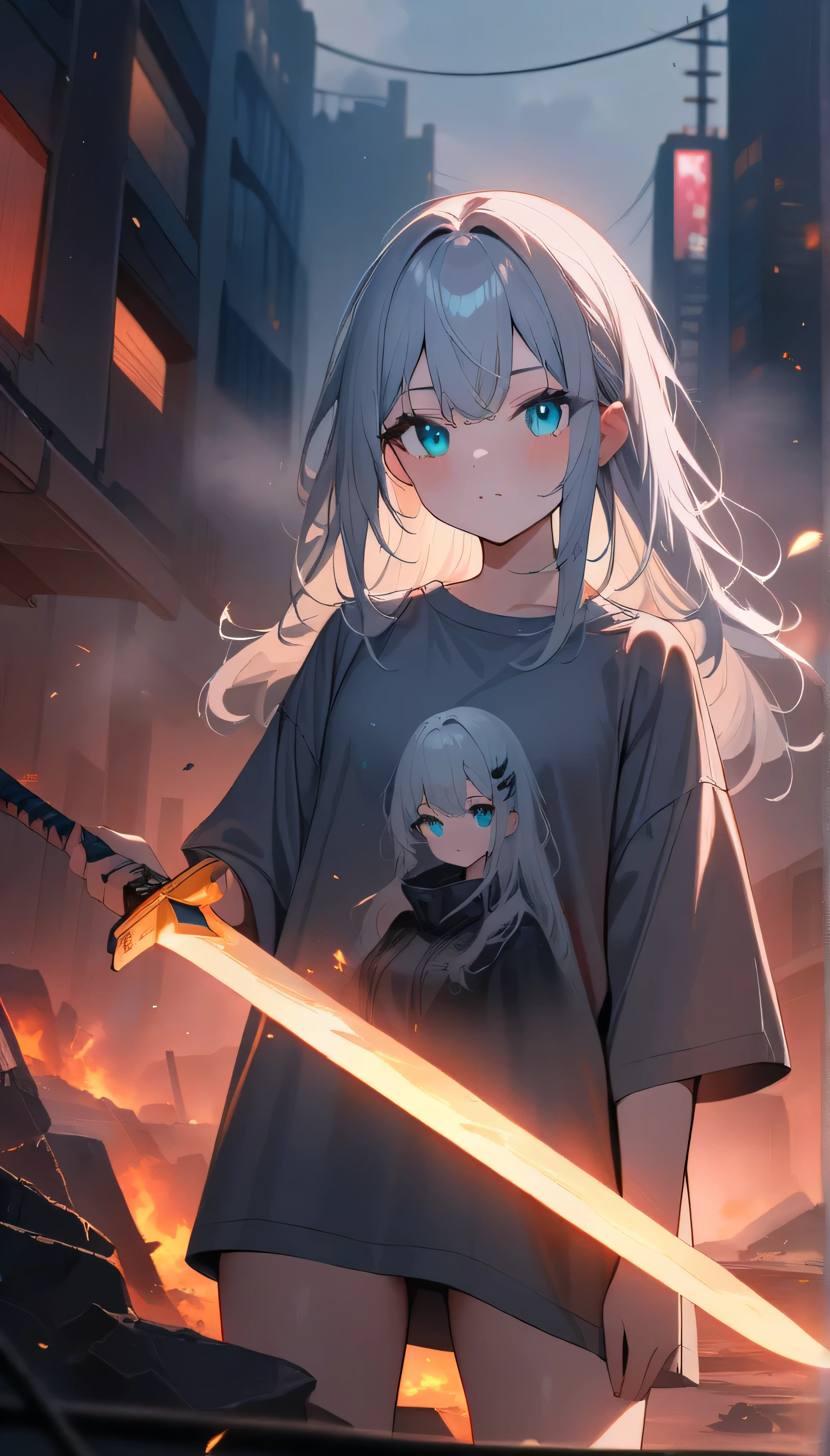 Resolution full, best quality, masterpiece, full HD, beautifull girl, foggy theme, super detailed, 1girl, cute girl, long hair, silver hair, detailed beautiful Aqua eyes, grey T - shirt oversized, in wasteland, in burning city, holding glowing sword, shadows surroundings girl, has a lighting power