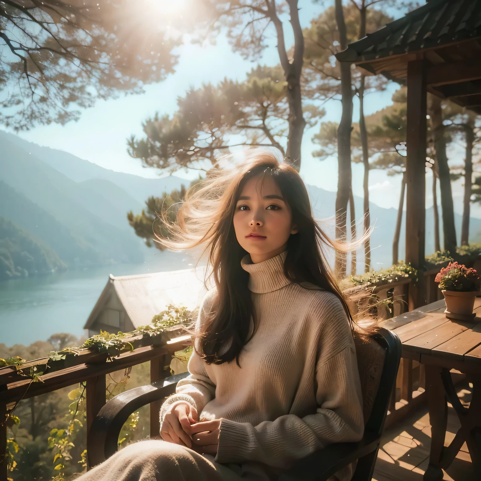 gnerate img , pictorialist style , dreamy , 20s Indonesian beauty woman with long hair flaps style , sitting on a chair in sitting on the rooftop of a pine forest mountain villa , in a breezy spring day , wearing turtleneck sweater . Bright sunlight streams between the trees delicate vines, casting wavering shadows on the woman's face . serene a pine forest mountain view , with the lake visible from a distance , enjoying the warm sunshine around her and the light breeze ruffling her hair, golden hour , sharp focus , graceful smile , graceful pose , high-quality , exotic , vibrant, tranquil , shot on Canon EOS 6D Mark III , skin texture , detailed face ,ultra detailed background , hight resolution