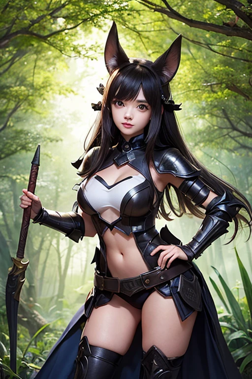 Cute girl with bat ears, wearing fantasy armor/clothes standing in an magical forest